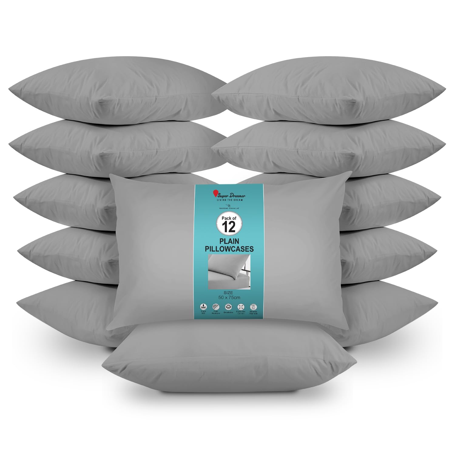 GC GAVENO CAVAILIA 12 Pairs Microfiber Pillowcases - Plain Dyed Housewife Style - Soft, Breathable & Durable - Fade, Wrinkle & Shrink Resistant - Machine Washable - Standard Size (75x50 cm) - Grey — image 1