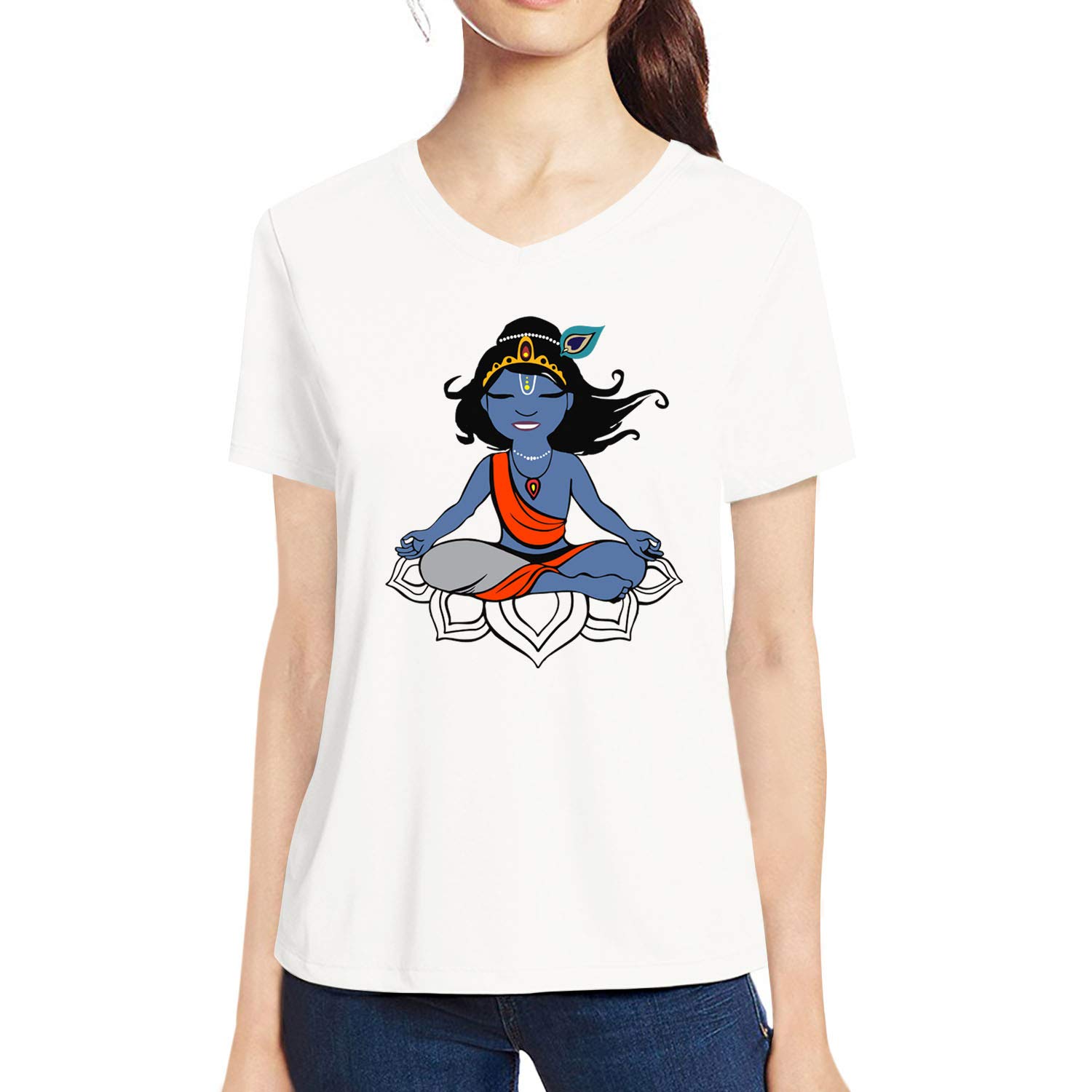 pooplu Women's Regular Fit Krishna Yoga Cotton Graphic Printed V Neck Half Sleeves Multicolour Yoga Tshirt. Yoga, Gym, Exercise, Fitness, Symbol Pootlu Tshirts-picture-27