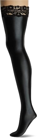 Coquette Womens Wet Look Thigh High Stay Up Stockings with Lace
