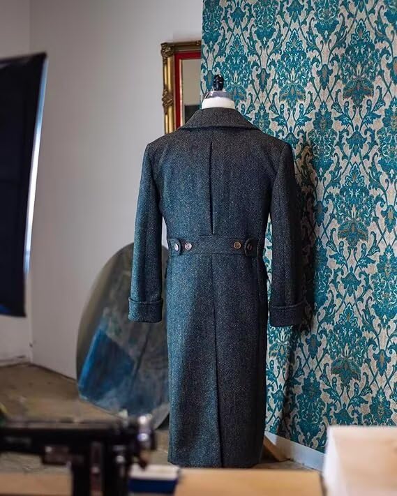 Mens Herringbone Tweed Trench Coat Double Breasted Notched Lapel Long Peacoat Slim Fit Business Winter Overcoats4