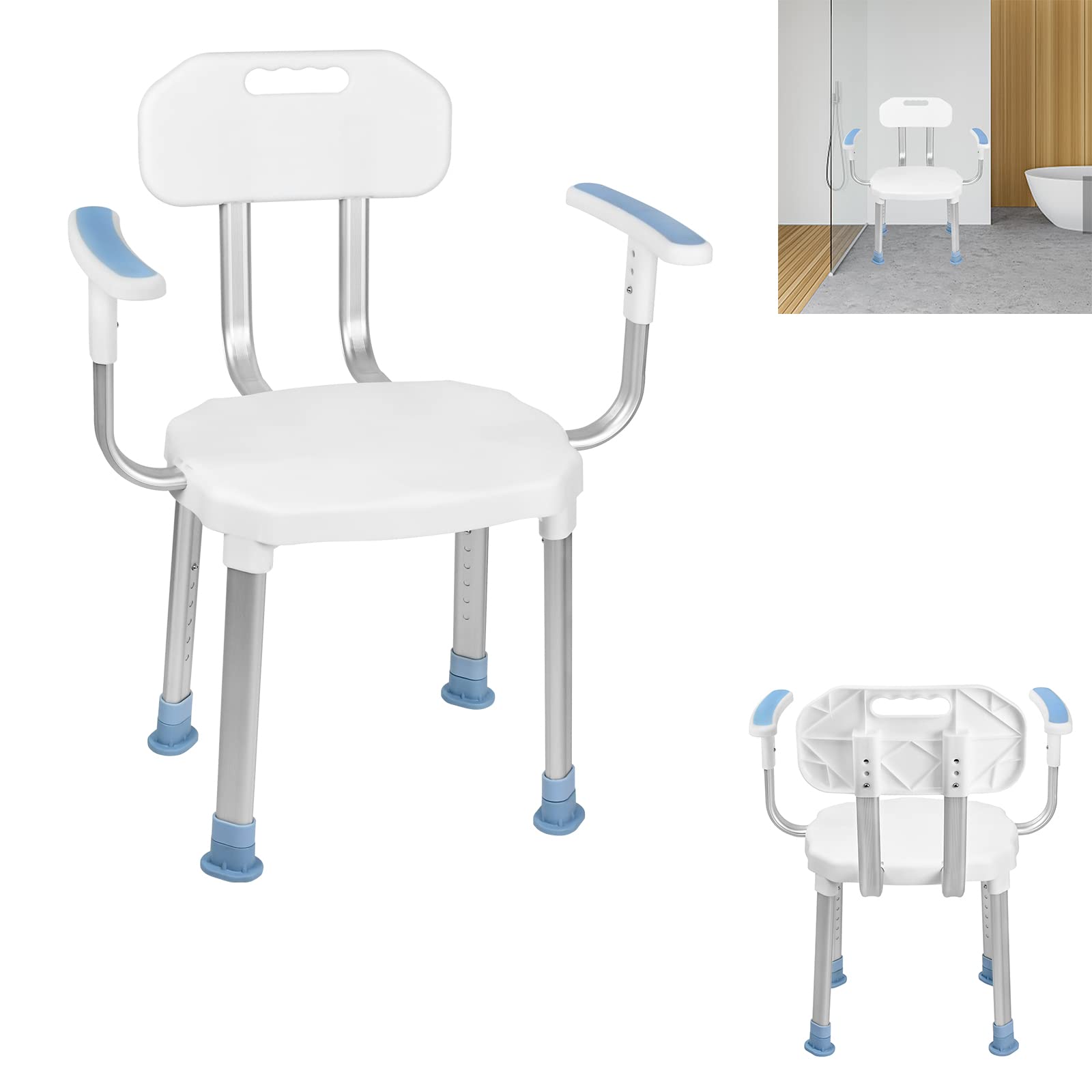 Aufun Silla de Ducha con Respaldo y reposabrazos,Antideslizante,Taburete de Ducha Regulable en Altura,Silla de Ducha para Mayores- Tipo C,Blanco,CST-3066