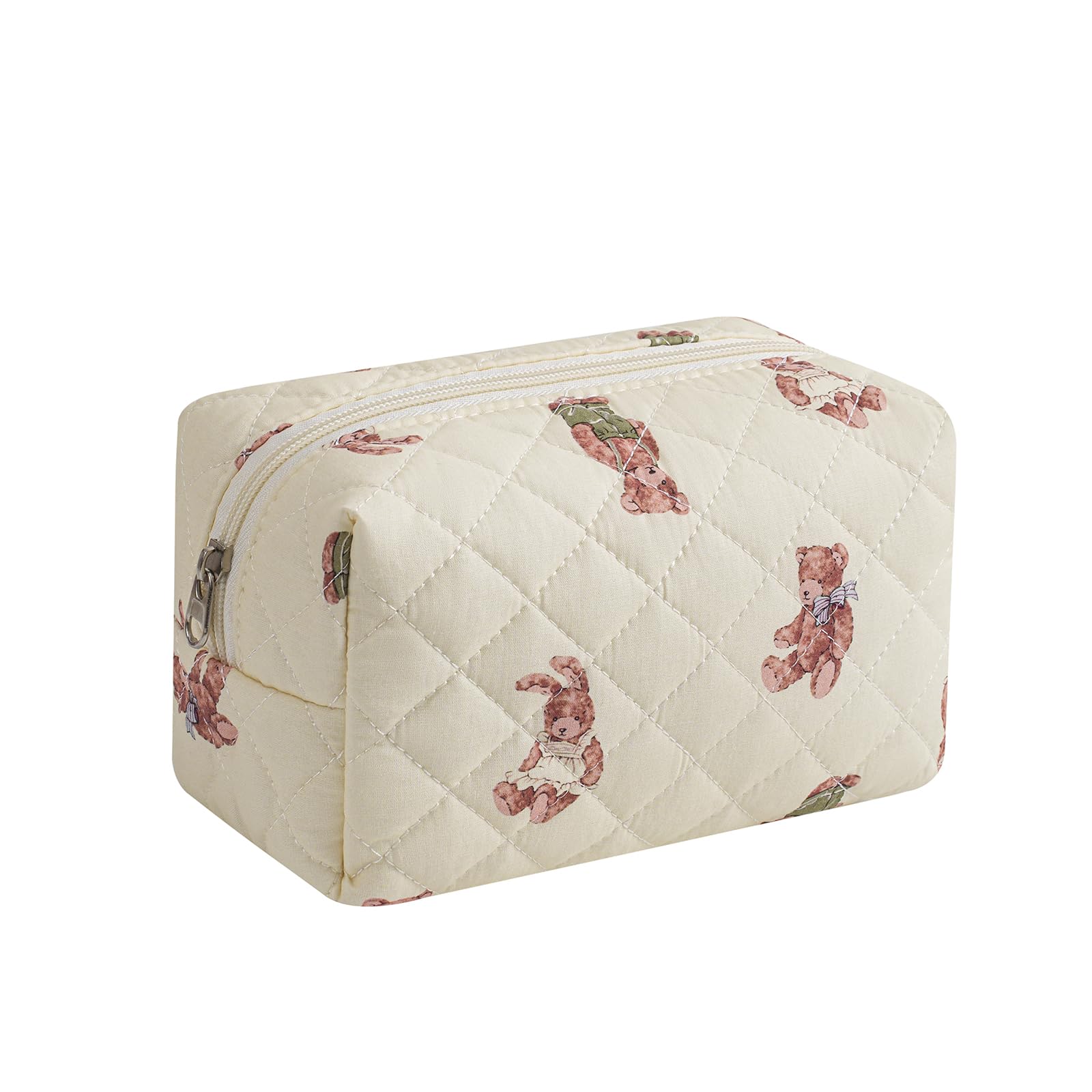 RSRSLEII Small Quilted Cotton Makeup Bag, Aesthetic Cosmetic Bag, Cute Floral Makeup Pouch, Kawaii Trendy Preppy Travel Toiletry Bag for Women and