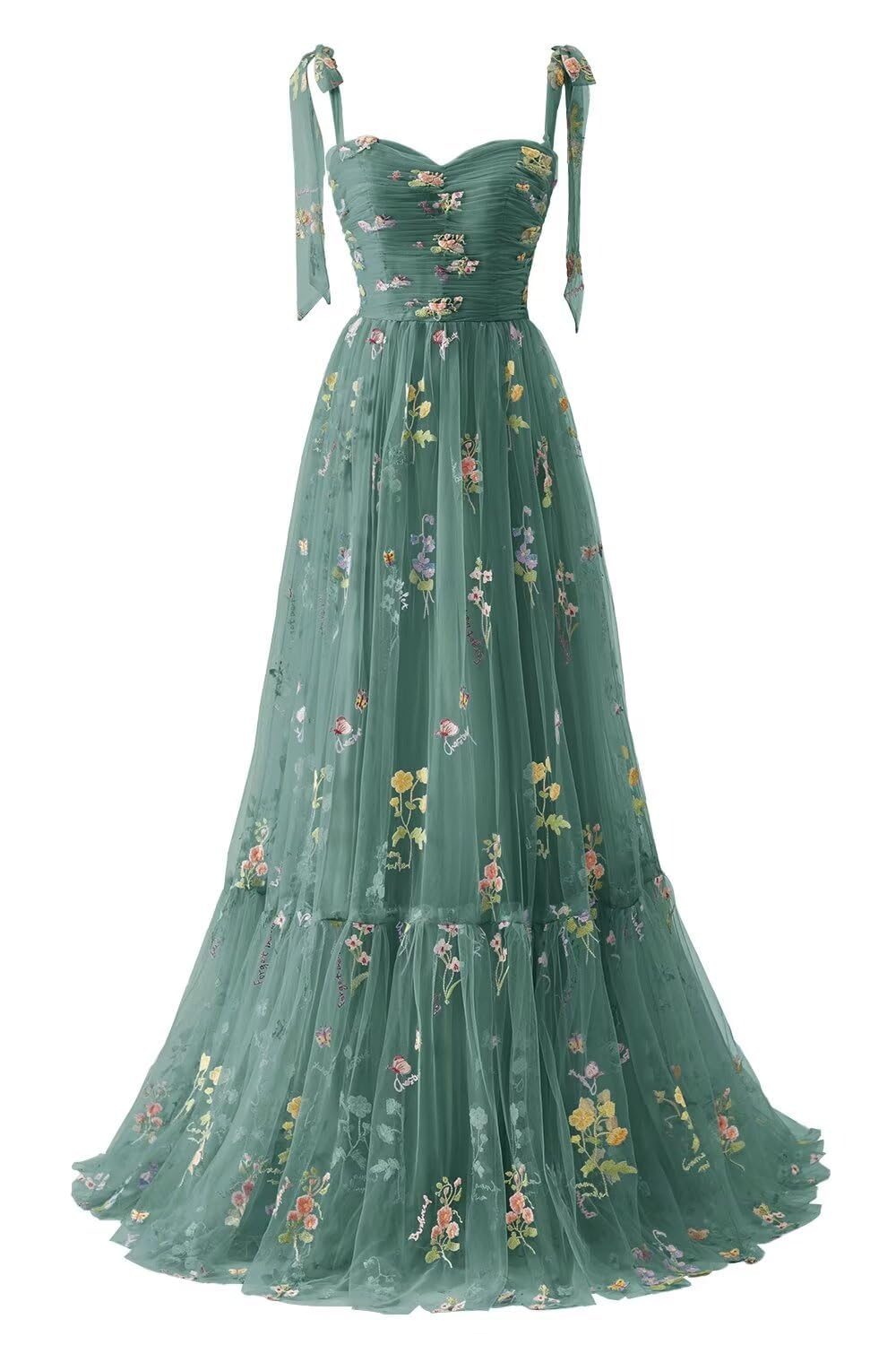Yiann Women's Peacock Tulle Flower Embroidery Prom Dresses Long A Line Ball Gown Spaghetti Straps Formal Evening Dress Uk6