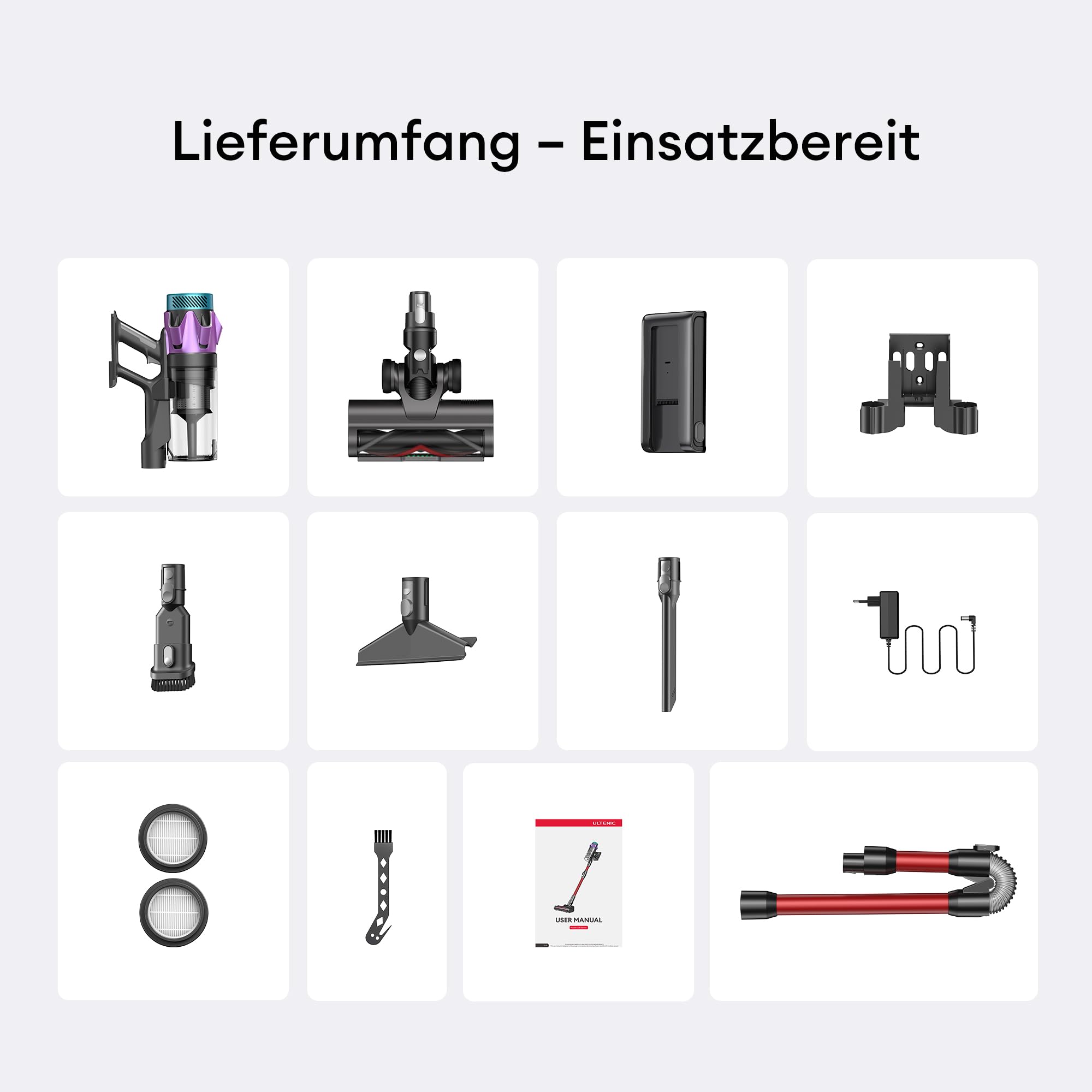 Ultenic Akku Staubsauger 55000Pa/600W/80Min, 1,6L Staubsauger Kabellos mit Multi-Zyklon-Filtration, Touchscreen, Anti-Tangle-Bürste, Wandladestation, Selbststehend，für Tierhaare/Teppiche/Hartböden,Rot
