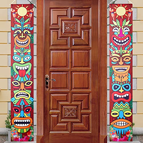 Luau Hawaiian Aloha Tiki Party Decorations Wall Hanging Banner Tiki Totem Pole Party Supplies, Hmxpls Tiki Bar Entrance Door Decor for Adults, Tropical Tiki Porch Sign for Luau Themed Birthday Party