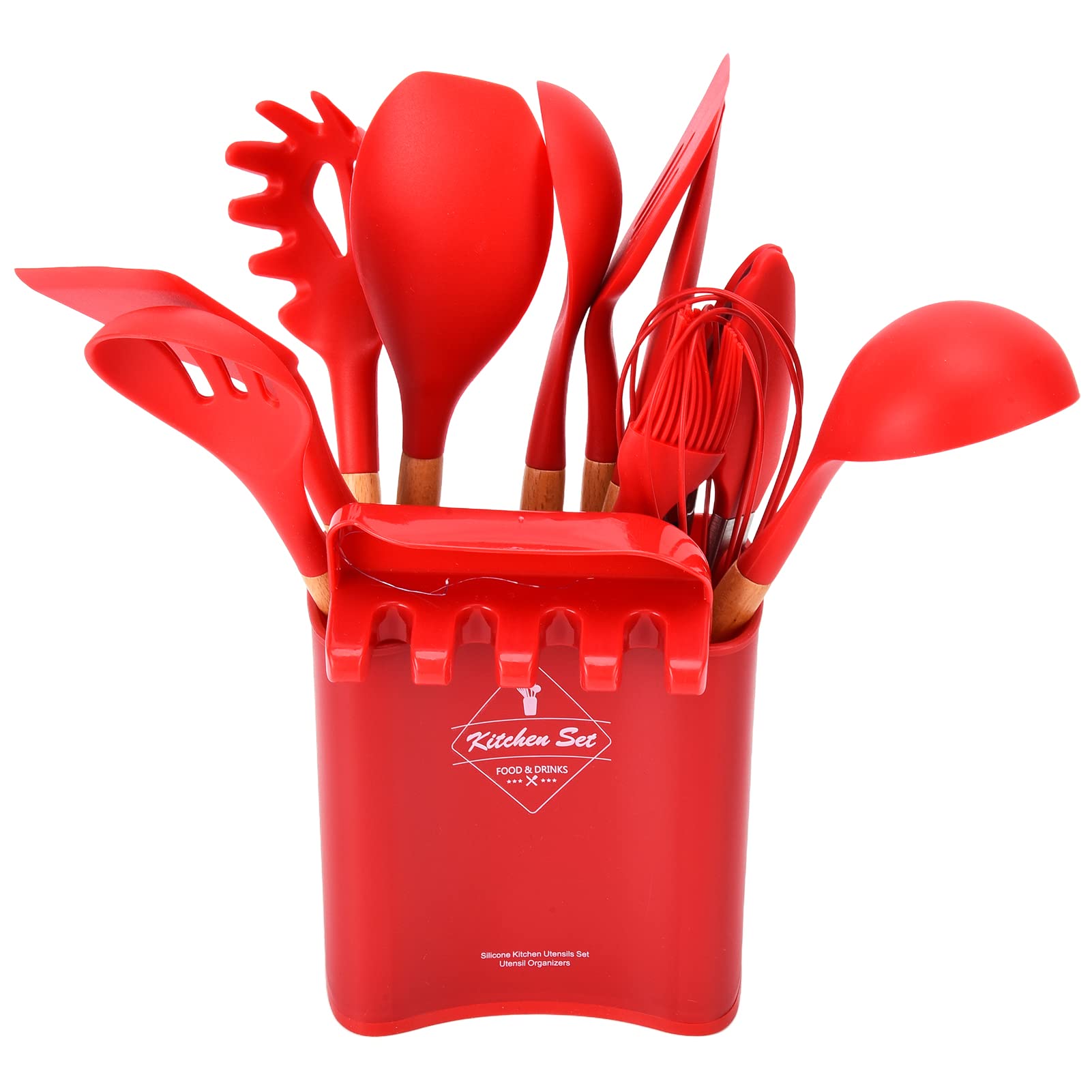 13 Pièces Ensemble D'Ustensiles de Cuisine en Silicone, Ensemble D'Outils de Gadgets D'Ustensiles pour Batterie de Cuisine Antiadhésive, Pelle À Spatule Avec Manche en Bois, Ensemble D'Outils