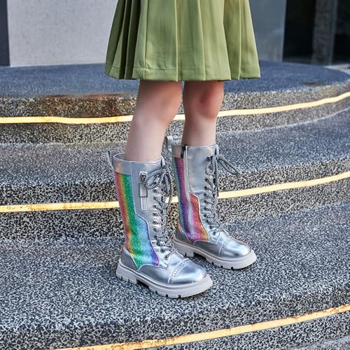TangDao Girls Knee High Boots with Side Zipper Lace-up Sparkly Riding Shoes Girl's Waterproof Fashion Dress Princess Shoes Girls Leather Tall Winter Boots4
