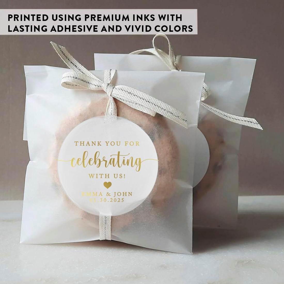 Andaz Press 2" Round Clear Personalized Wedding Sticker Labels with Gold Custom Script Thank You for Celebrating with Us Sticker, Wedding Stickers for Favors Personalized, Thank You Stickers, 40 Pack