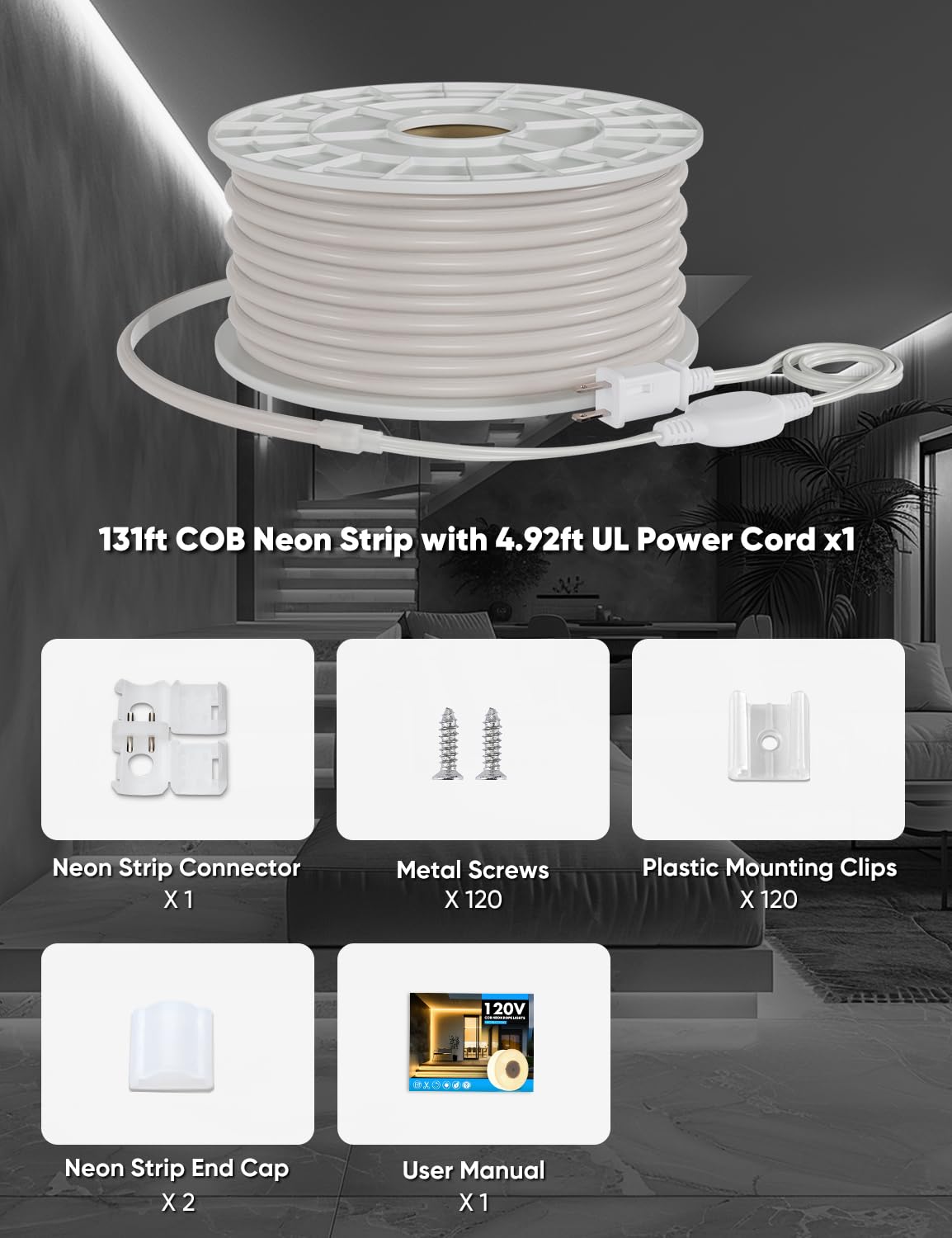 COB - Tira de luces LED de neón de 15 pies, 6000 K, blanco frío, 110-120 V, impermeable, 600 lm/m, súper brillante, cortable y calcomanía para techo, dormitorio, jardín