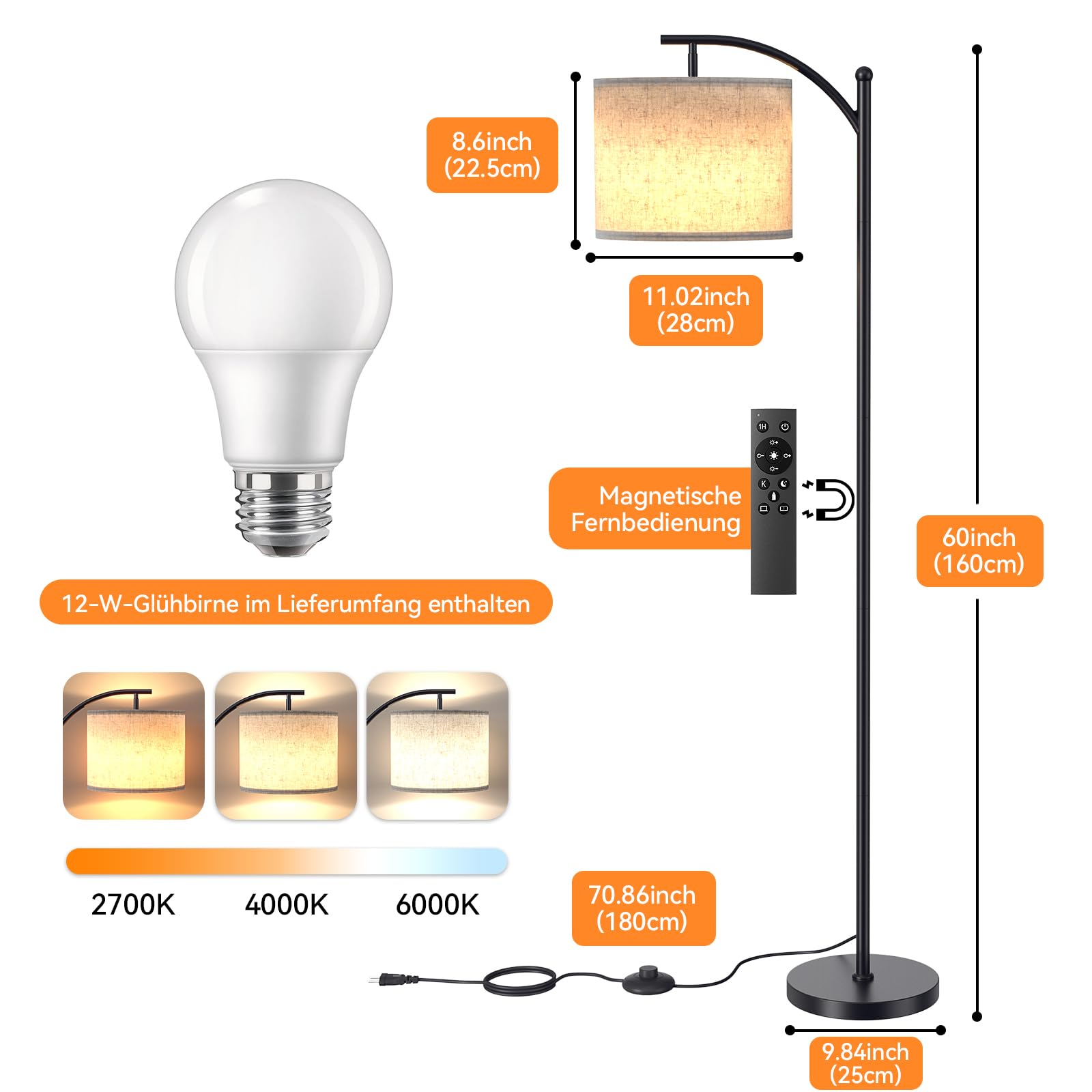 Stehlampe Wohnzimmer Dimmbar, Modern Standleuchte mit 3 Farbtemperaturen, Beigen Leinen-Lampenschirm, 12W Glühbirne inklusive, Fernbedienung und Fußschalterfür Wohnzimmer, Schlafzimmer, Büro