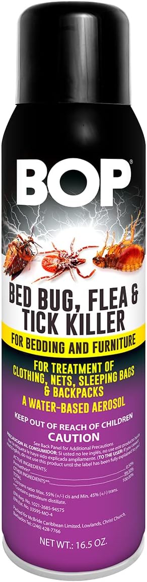 BOP Bed Bug, Flea and Tick Killer, 16.5 oz, Easy to Use Pest Control Spray, Kills Bugs On Contact and Keeps Your Home Insect Free, Indoor/Outdoor Use for Quick Results