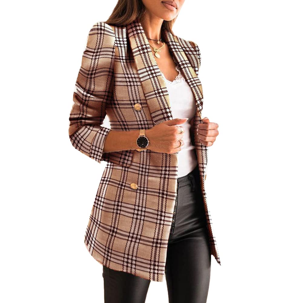 Womens Tweed Blazers Jackets Double Breasted Plaid Tweed Suit Jacket Business Work Jacket