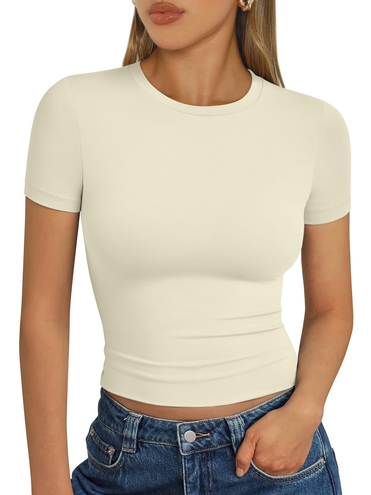 Trendy Queen Womens Basic T-Shirts Scoop Neck Short Sleeve Crop Tops Cute Summer Tops Slim Fit Tees Y2k Clothing