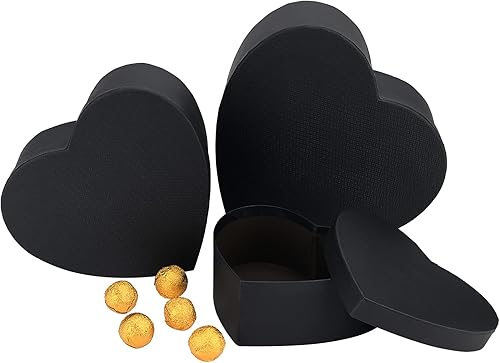 BENECREAT Juego de 3 cajas de regalo en forma de corazón, caja de regalo decorativa negra, caja de embalaje de regalo apilable para recuerdos,