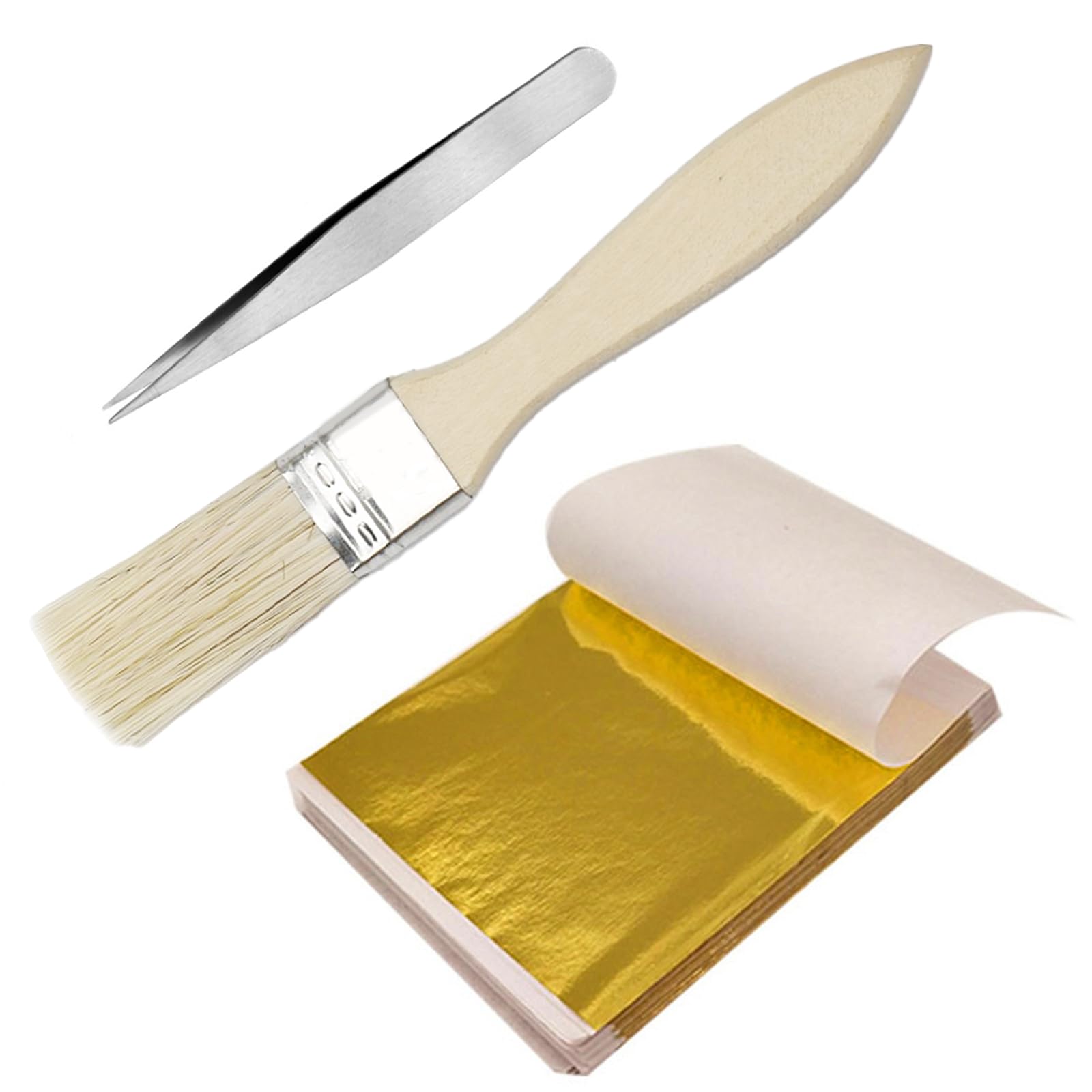 100 Sheets Gold Leaf, Imitation Gold Leaf Sheets Gold Leaf Kit with Brush Tweezer for Cakes Drinks Beauty Routine Makeup Health Spa Art Craft Work Decoration (8.5cm*8.5cm)