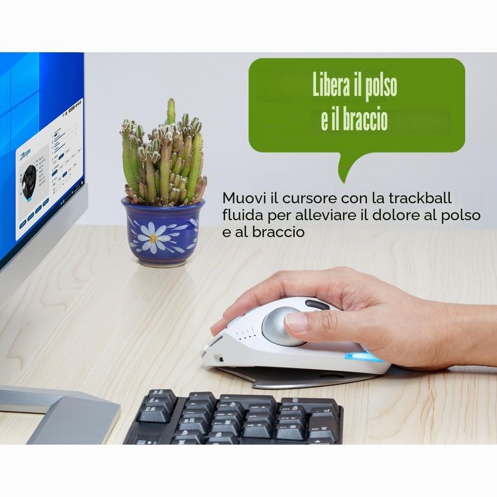 zelotes Mouse Trackball Bluetooth Wireless,Ricaricabile,4800DPI,8 Pulsanti,BT 5.0/3.0 + 2.4G,LED,Design Ergonomico,Mouse Senza Fili per PC,Laptop,Tablets,Bianco