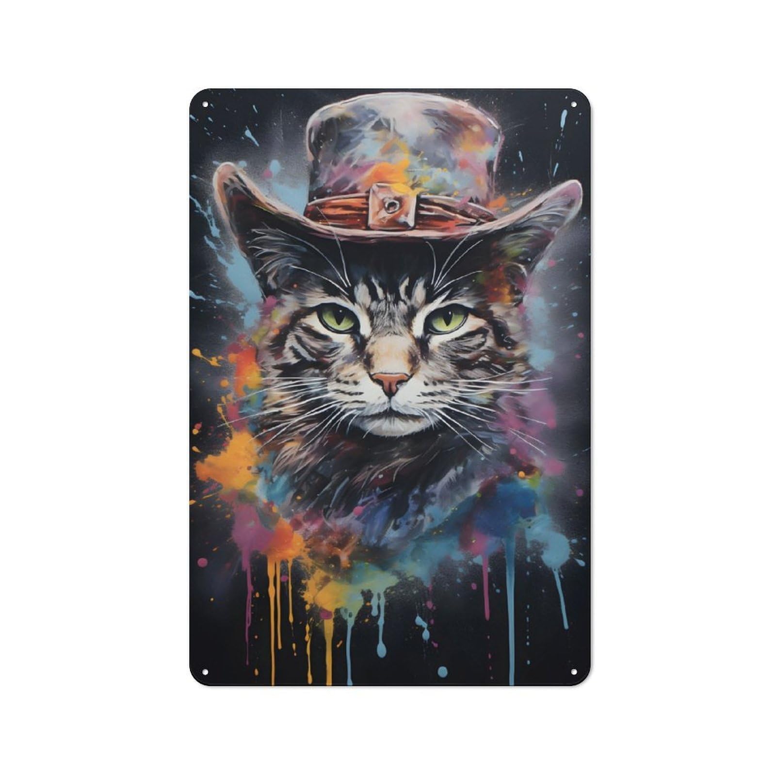 Metal Wall Sign 30x20cm Featuring Cowboy Cat in Hat for Garage Or Workshop, Suited to Workshop Owners