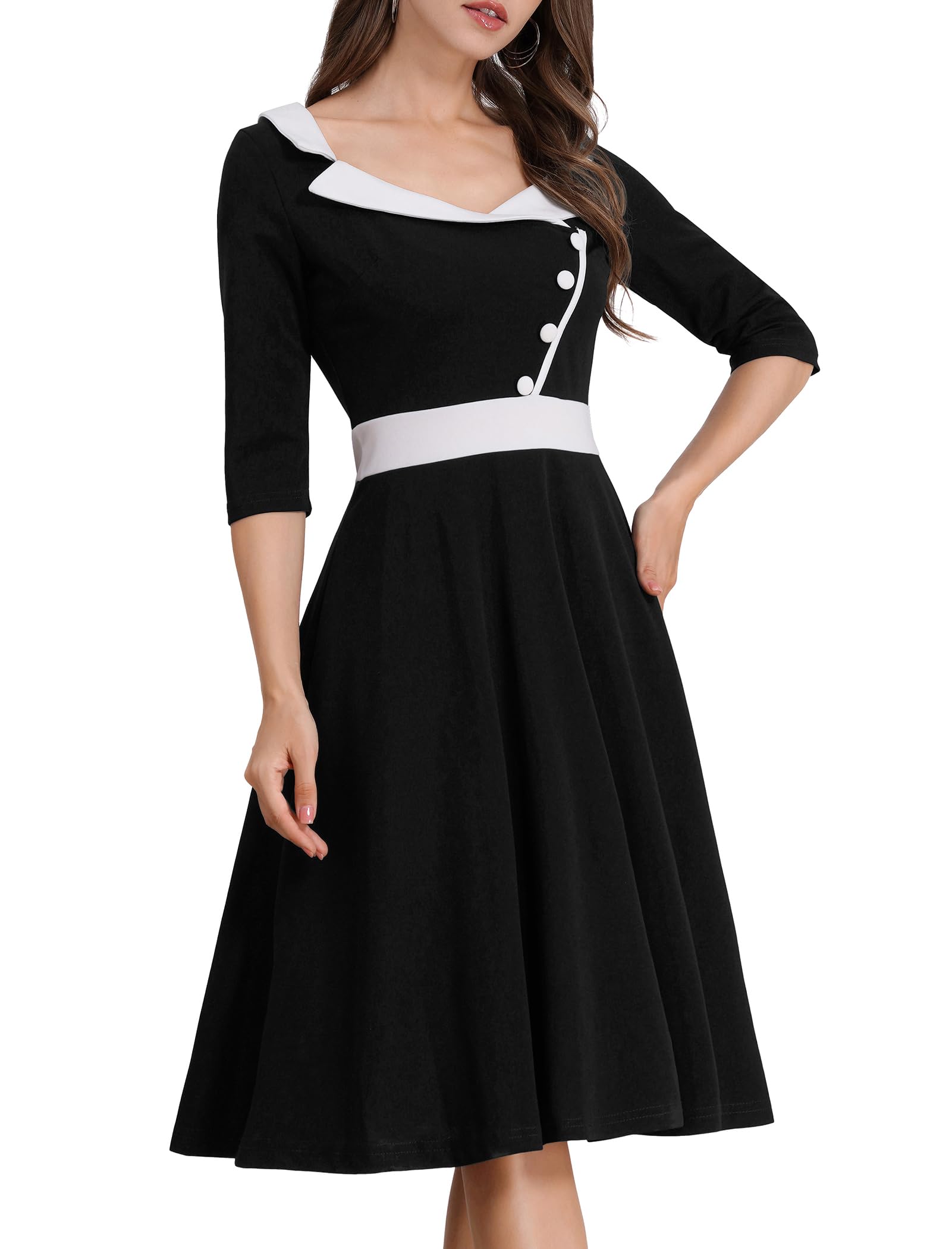 ODIZLI 1950s Dresses for Women Retro Dress 3/4 Sleeve Sweetheart Neckline Swing Midi Dress Cocktail Dress