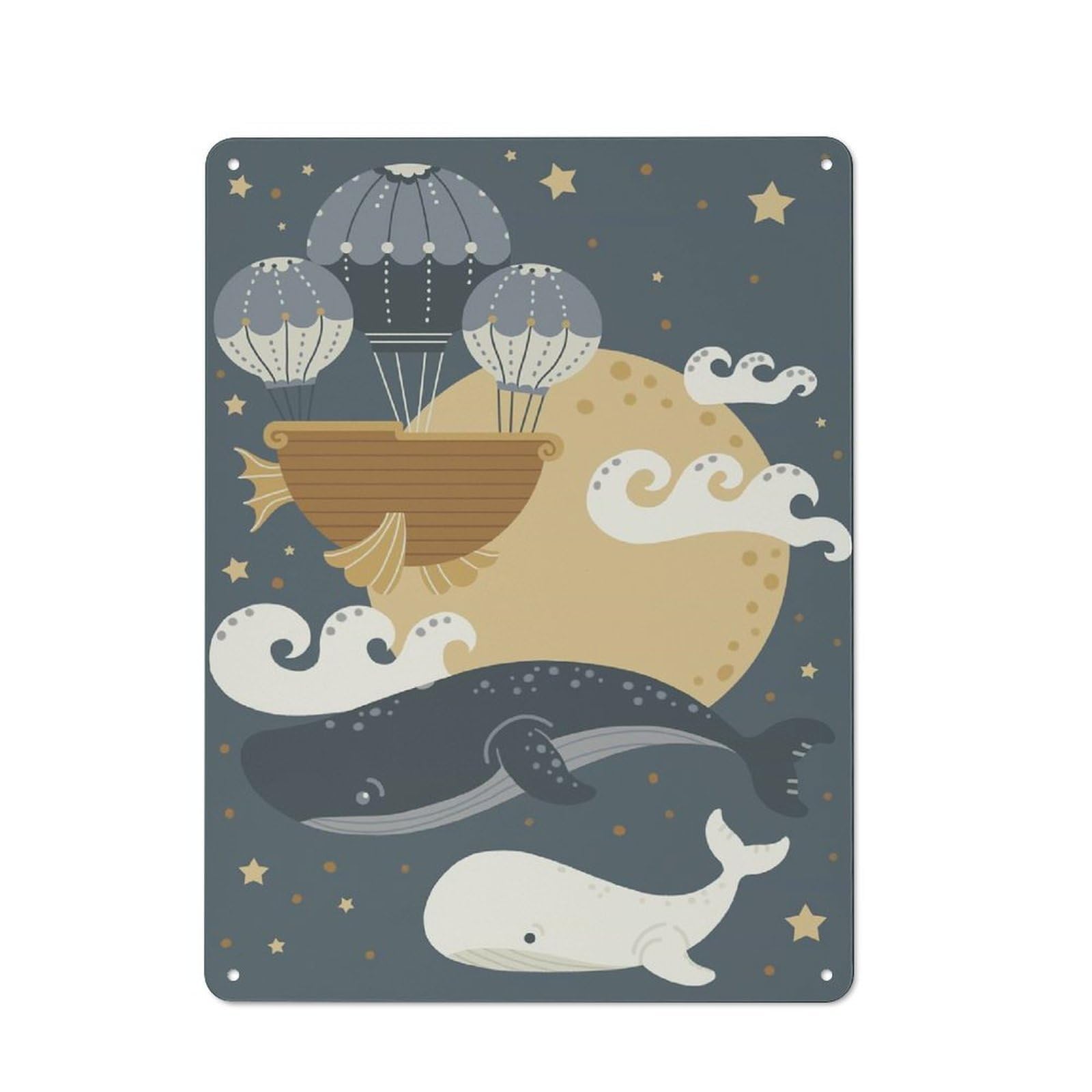 Night Whales Rustic Tin Sign 40x30cm, Shed Style Utility Space Decor for Patio Bar, Workshop, Shed Or Kitchen