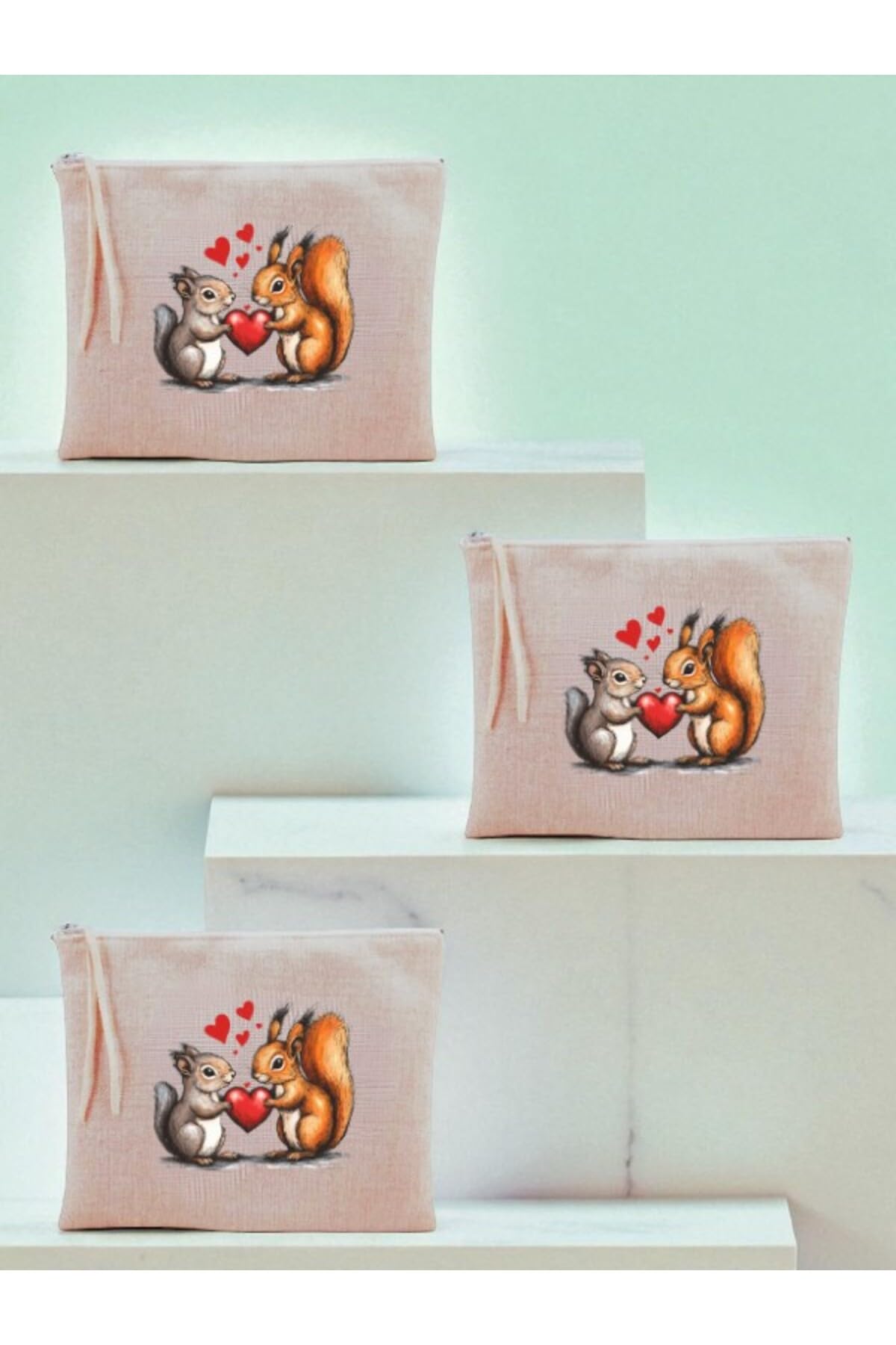 lili hediyelik Kalp Ve Sincap Baskılı 3'lü Makyaj Çantası 20x25 Cm, LH9827409235234234
