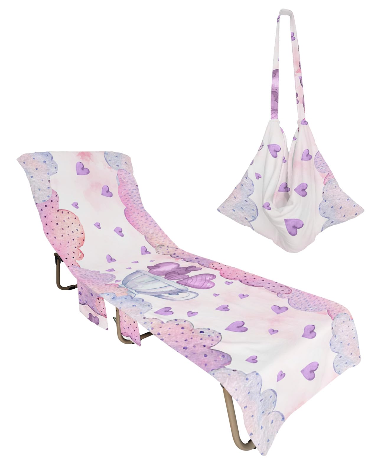 Purple Love Heart Valentines Day Beach Lounge Chair Towel Cover, Soft Chaise Lounge Towel with Side Pockets Patio Pool Chairs Cover for Beach/Pool Sunbathing 29x85 Romantic Love Heart