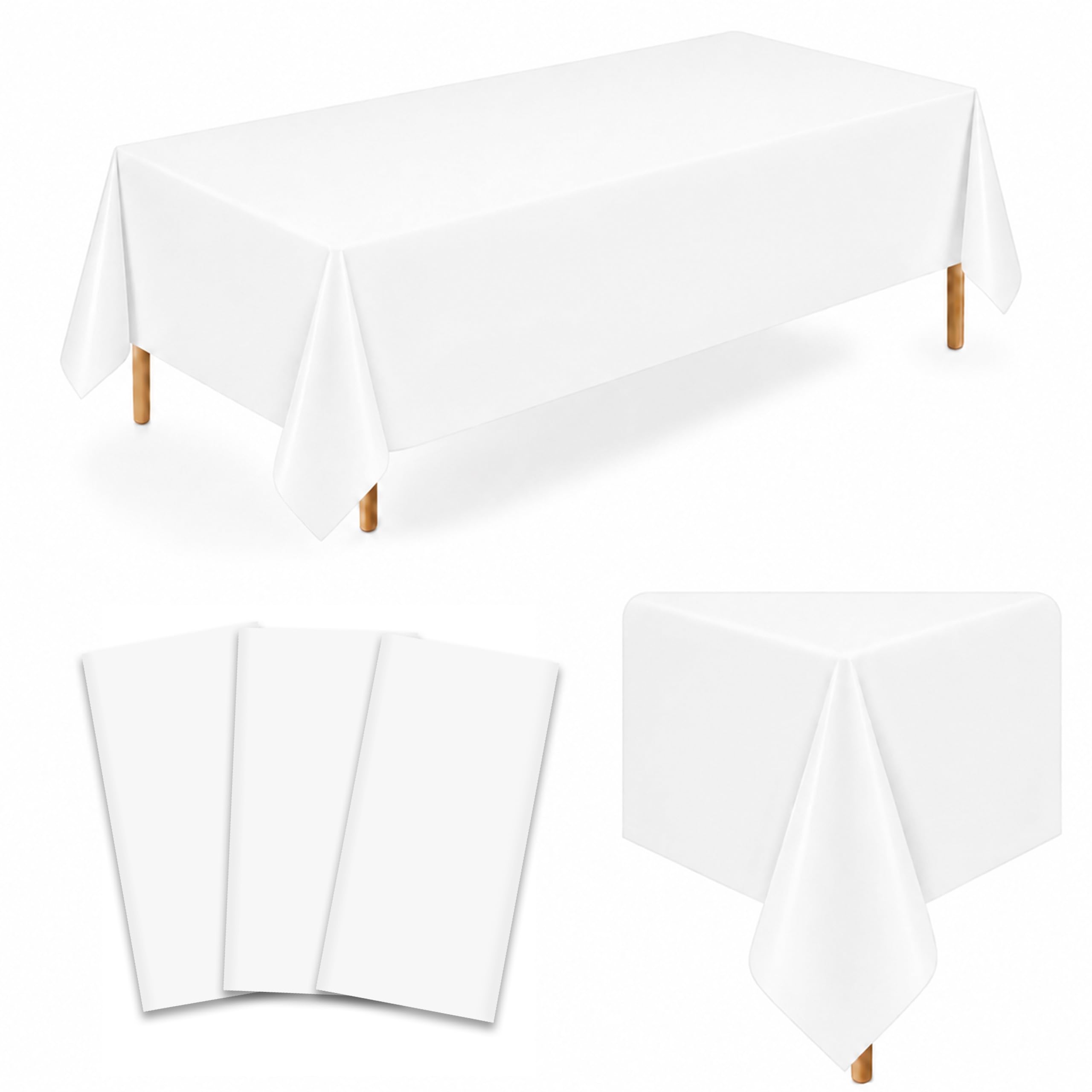 3 Pack White Plastic Tablecloths, 54 x 108 Inch Disposable Covers