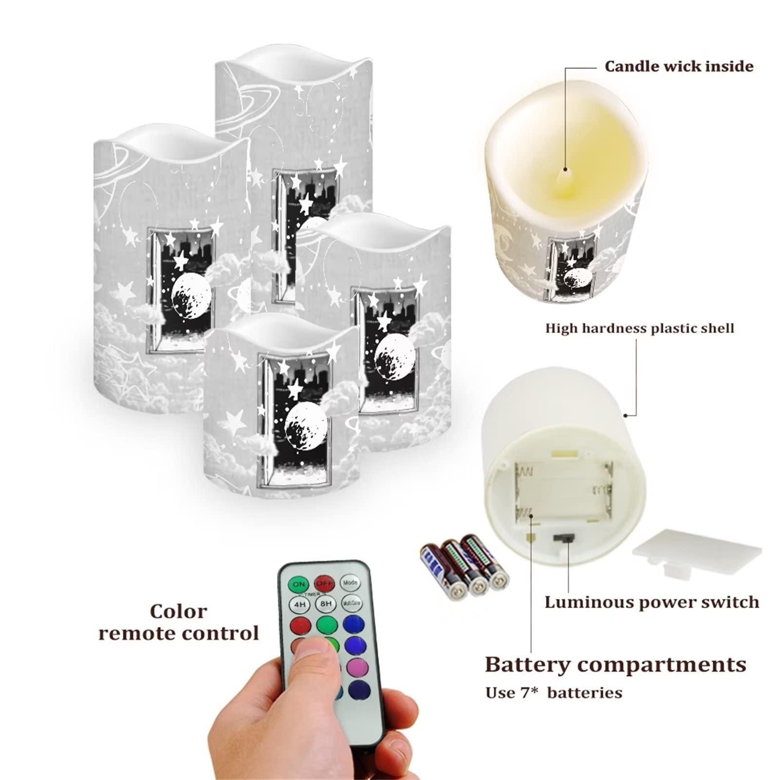 Moon and Start - Candele senza fiamma, con pilastri in vera cera a LED e telecomando a 18 tasti, alimentato a batteria, con timer, confezione da 4