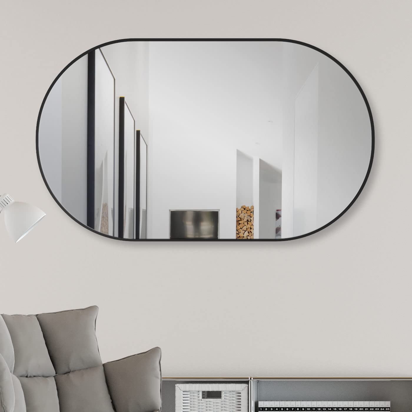 HOKO® Specchio da Parete Ovale 45 x 75 cm con Cornice in Metallo Nero Opaco. può Essere Montato in Alto e QUADRICALE. Bagno, corridoio, Camera da Letto, Soggiorno