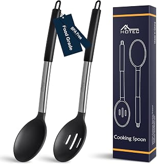 HOTEC 446°F Heat-Resistant Silicone Cooking Spoons Set - BPA-Free Solid & Slotted, 13.3" Black Utensils for Mixing & Serving