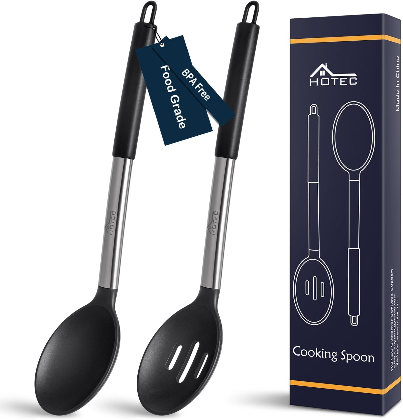 HOTEC 446°F Heat Resistant Large Silicone Cooking Spoon, BPA Free Solid Slotted Spoons, Nonstick Kitchen Cookware Utensils, Mixing, Serving, Stiring Large Spoons, Black