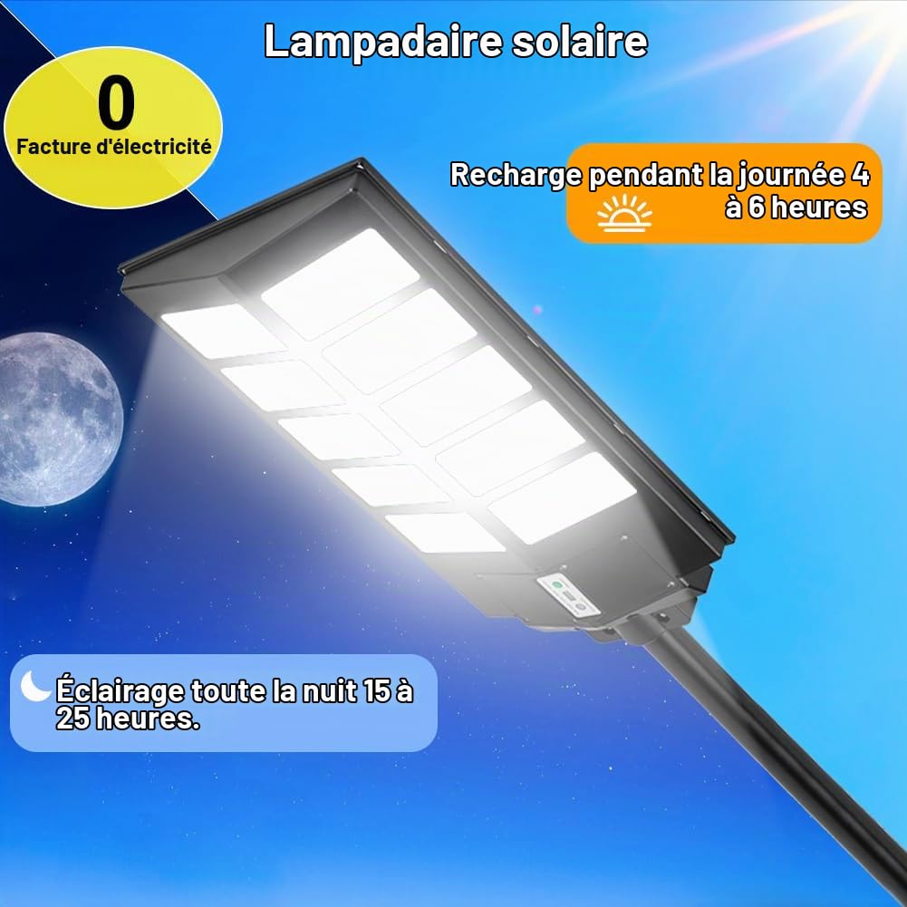 WERISE 1000W Lampadaire Solaire Exterieur avec Detecteur de Mouvement, 6500K 800 LED Lampe Solaire avec Telecommande, IP65 Étanche Projecteur Solaire Puissant pour Jardin Rue Garage