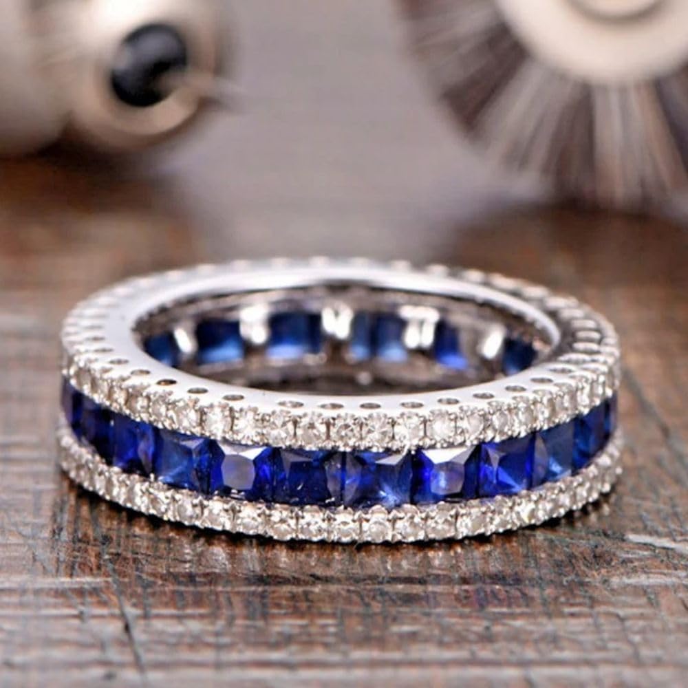 SilverDia 3 Ct Princess Cut Sapphire Diamond Full Eternity Wedding Band Three Row Engagement Ring For Women 14K White Gold Plated 925 Sterling Silver Handmade Anniversary Proposal Ring Gift For Her