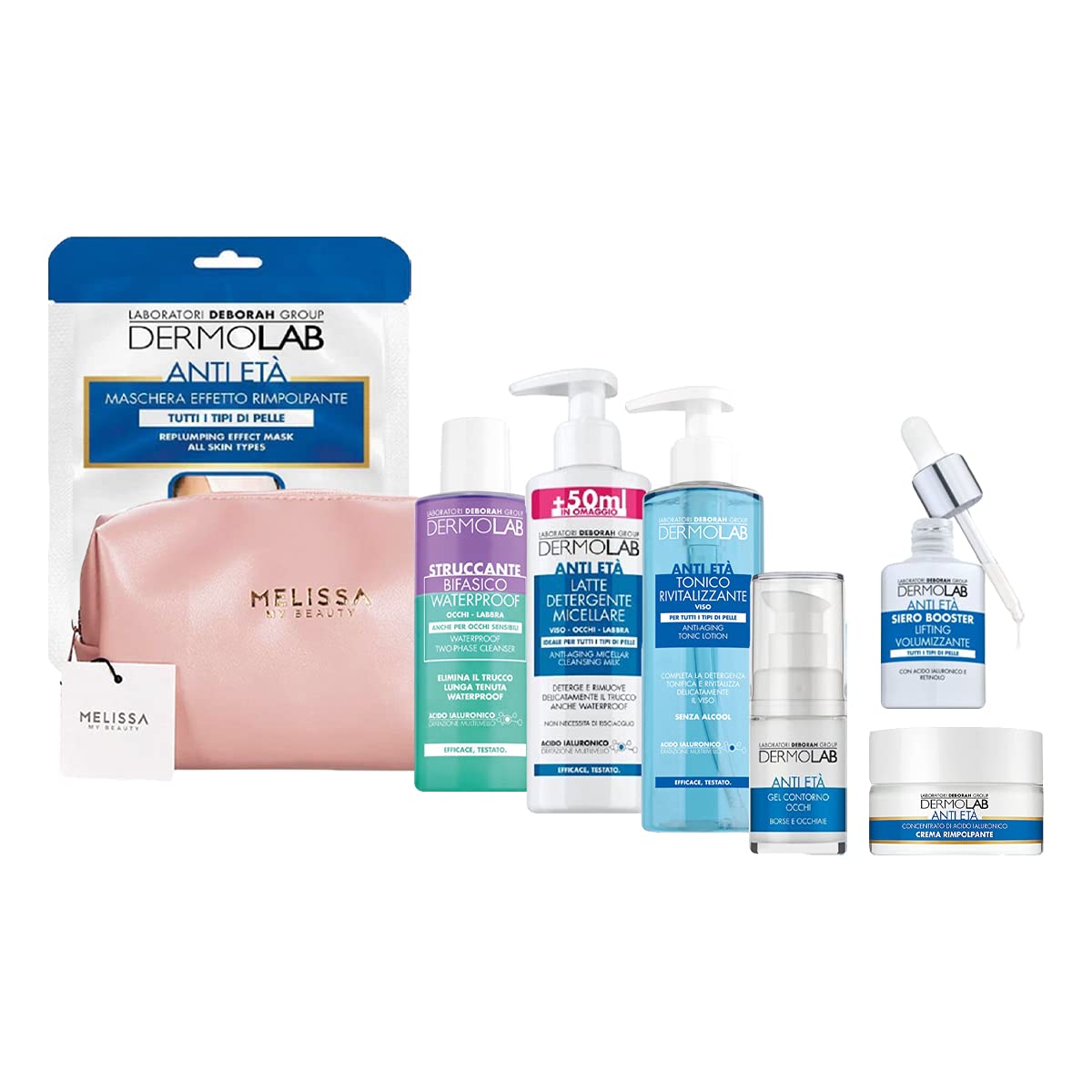 DERMOLAB Kit Anti Età : Maschera - Struccante bifasico - Latte detergente - Tonico - Gel contorno occhi - Crema rimpolpante - Siero booster + Pochette