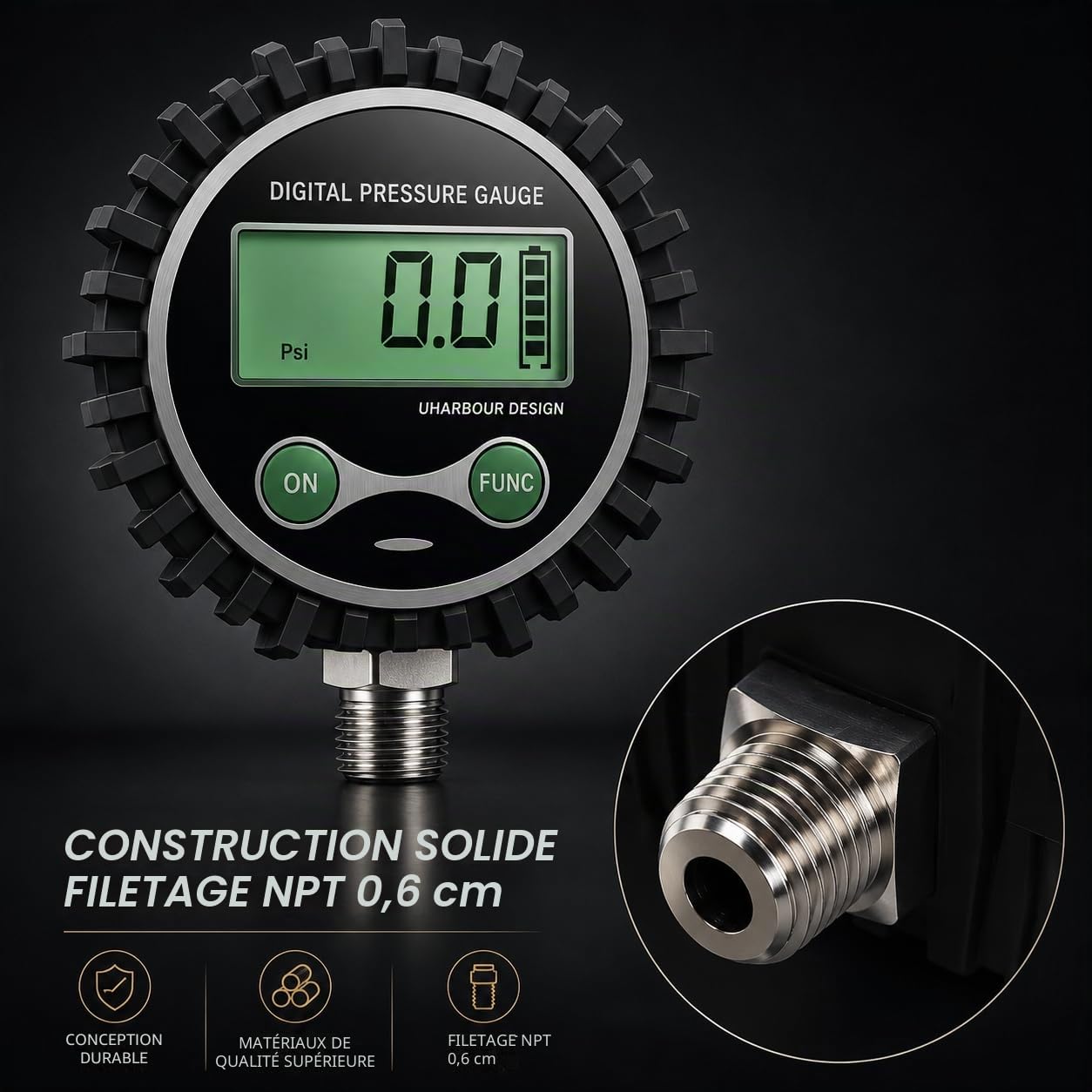 Uharbour Manomètre Numérique 0-200 PSI – Testeur Pression Pneu Certifié avec Précision ±1% et Protection Caoutchouc – Manomètre Pression Pneu pour Auto, Poids Lourd, Air Comprimé et Compresseur