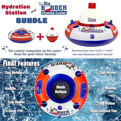 Hydration Station Float and Big Bobber Floating Cooler Bundle, Durable Inner Tube with Cup Holders & Mesh Bottom, Portable Drifter Cooler, Keeps Drinks Cold for Tubing, Boating & Outdoor Fun