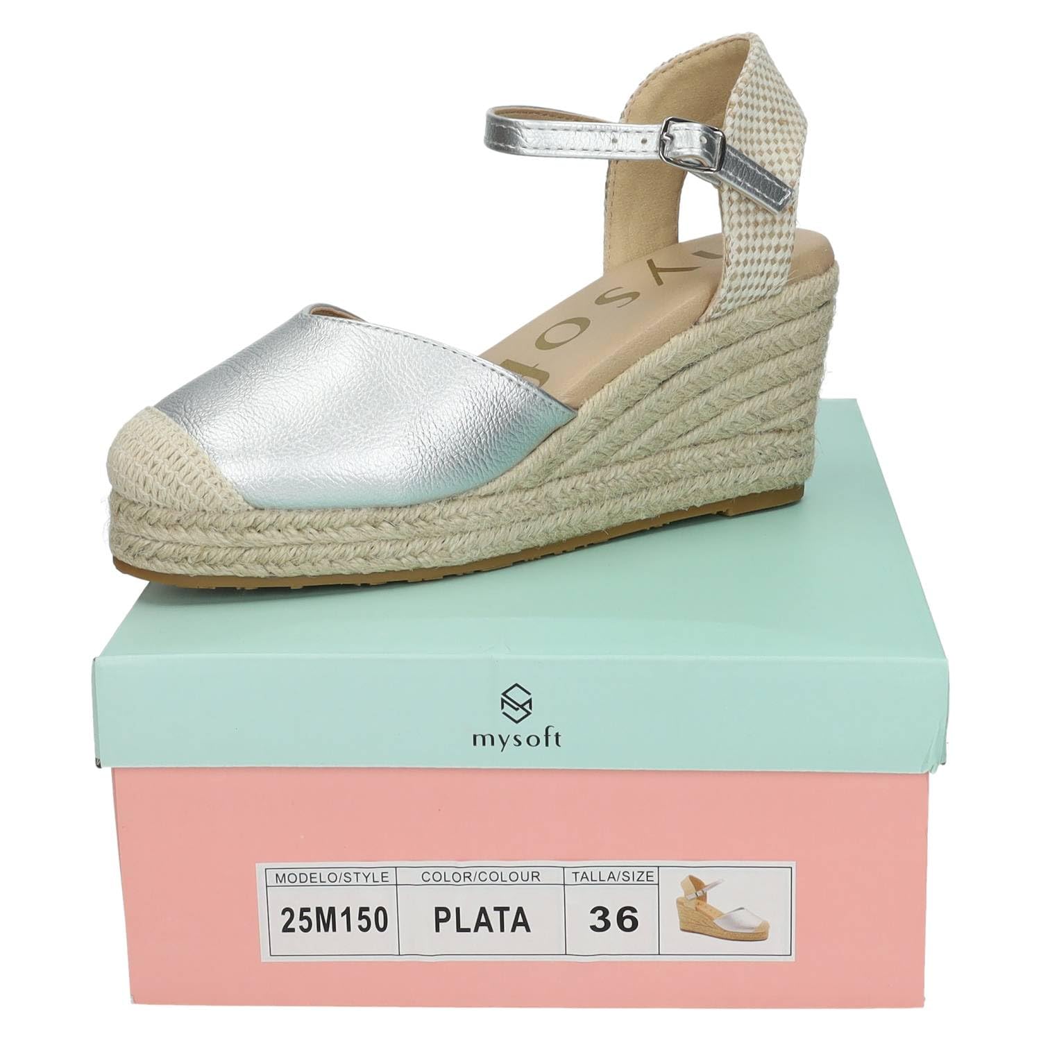 mysoft 25M150 Alpargatas con cuña Plateada para Mujer, diseño Moderno y cómodo Hecho en España Mujer Alpargatas