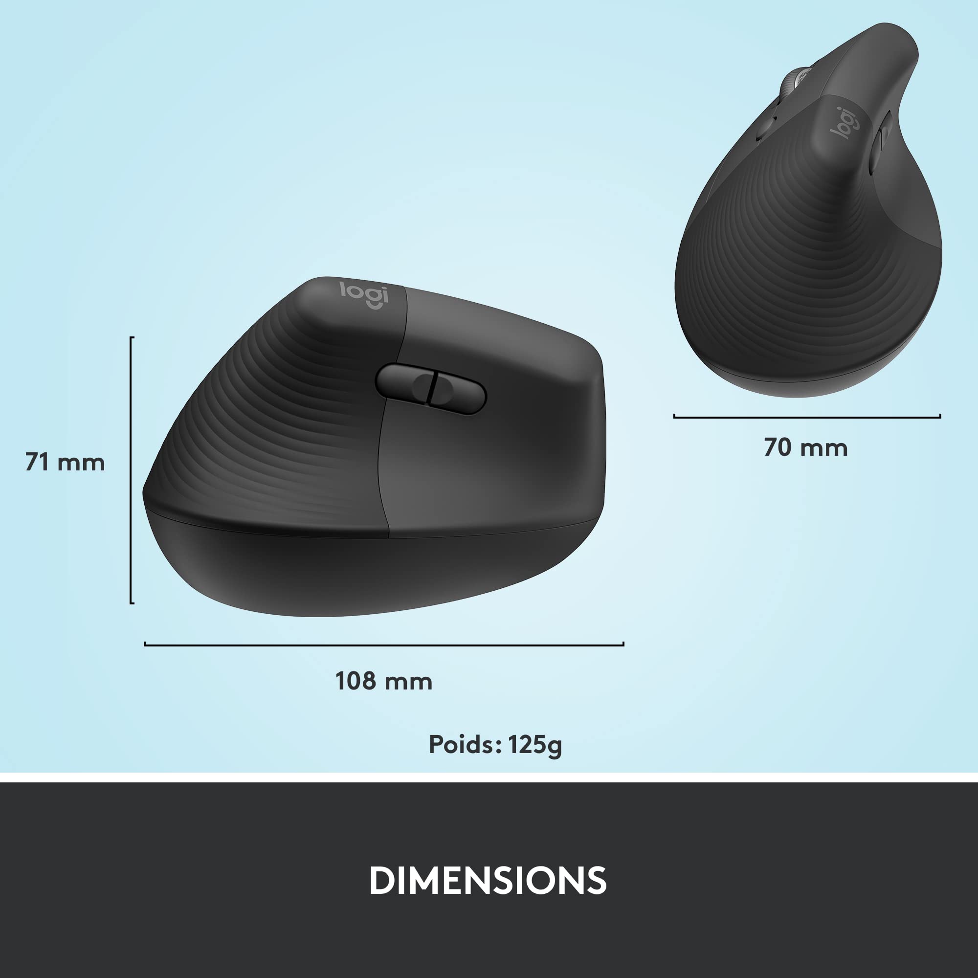 Logitech Lift Left Souris Ergonomique Verticale, sans Fil, Bluetooth ou récepteur USB Logi Bolt, Silencieuse, 4 Boutons, Compatible avec Windows/macOS/iPadOS, Ordinateur Portable, PC - Graphite