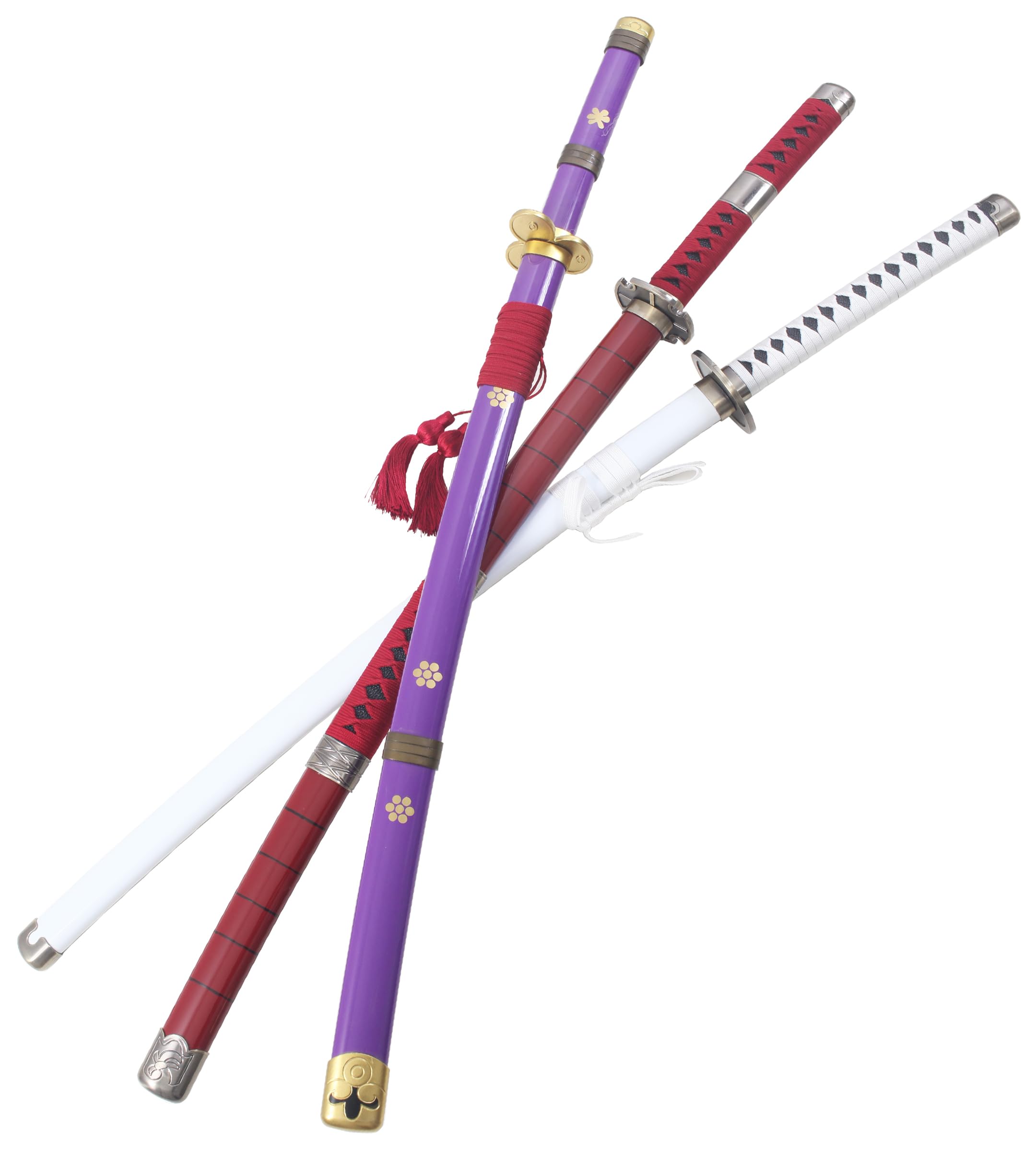 Pack 3 Katanas One Piece en Bois - Lame Zoro Sabre Epee Enma Wado Kitetsu - Cosplay Camping + Présentoir
