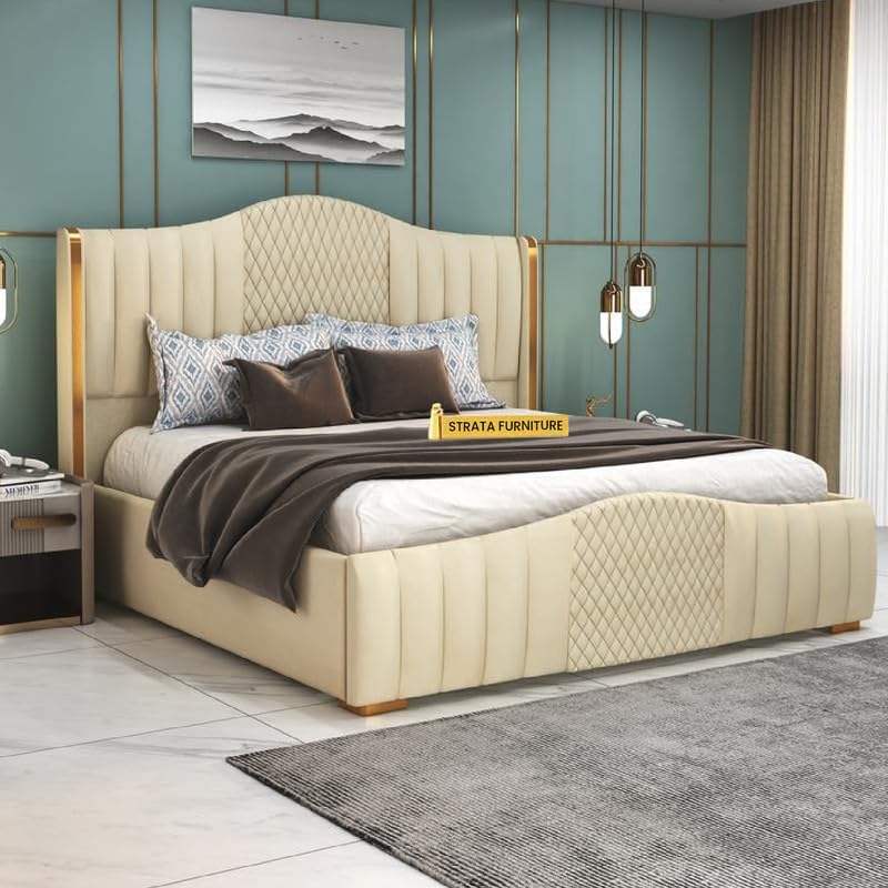 Image of STRATA FURNITURE Solid Wood King Size Bed with Box Storage and Upholstered Headboard | Wooden Double Bed Cot Palang for Bedroom, Home, Hotel & Guest Room Furniture (Beige)