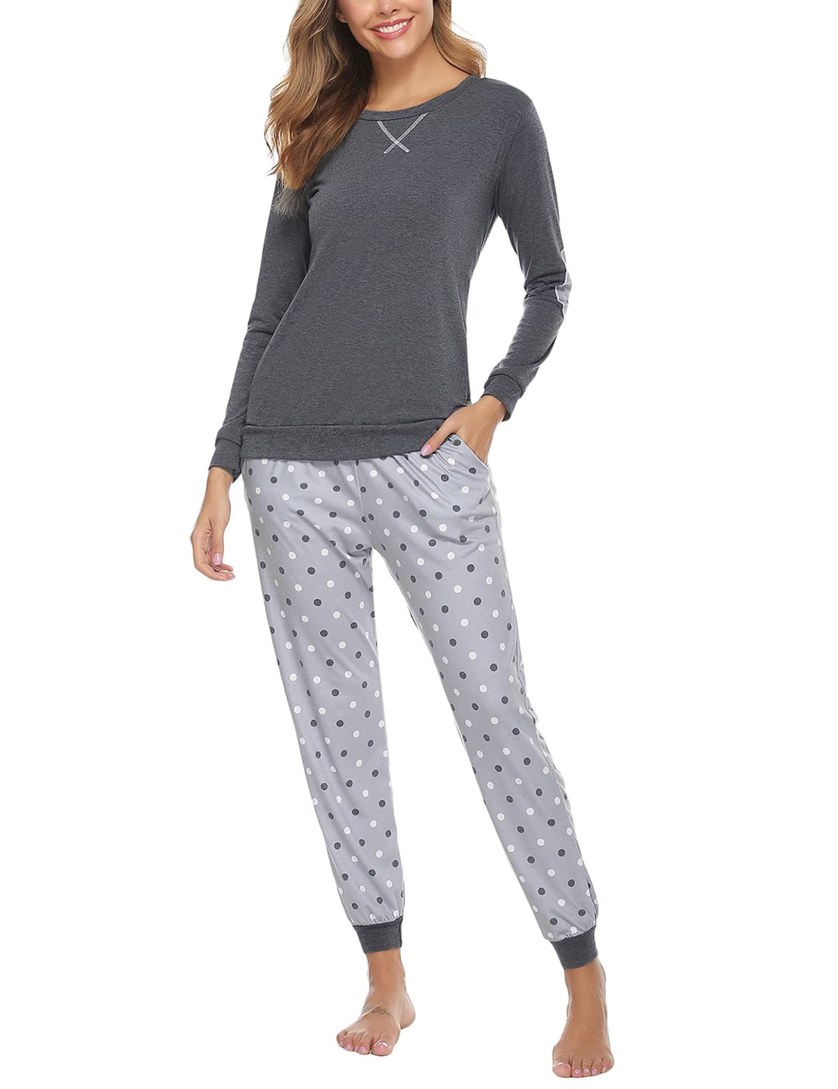 Photo 1 of Prosoft&Hawiton Cotton Pajamas for Women Long Sleeve Pjs Set 2 Piece Sleepwear Soft Comfy Loungewear Pants with Pockets Deep Grey