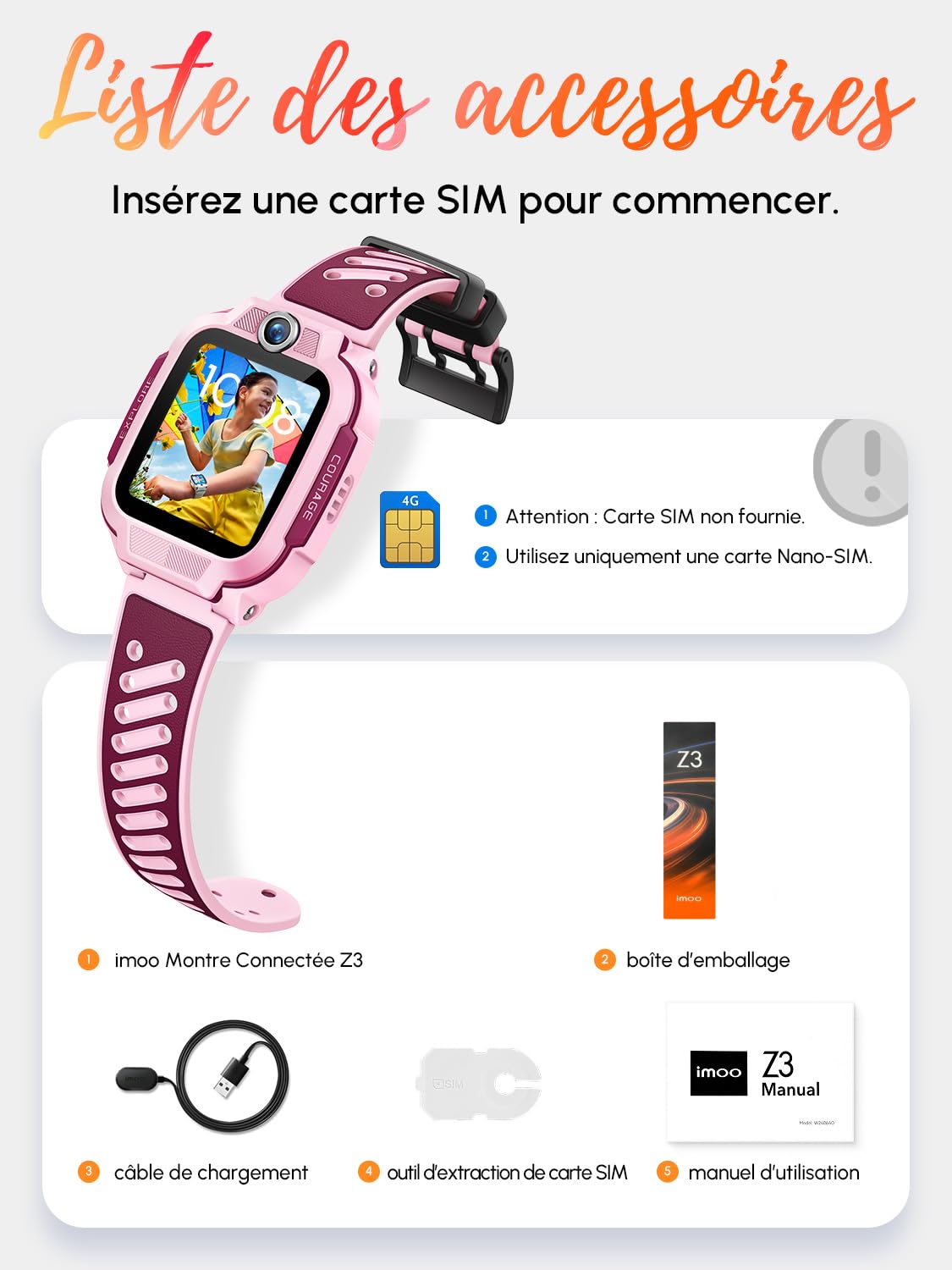 imoo Z3 Rose Montre Connectée Enfant 4G avec Carte SIM : Traceur GPS Enfant Précis, Appels Vidéo HD, SOS, Étanche IP68 et Mode Classe - Smartwatch Enfant Fille Garçon