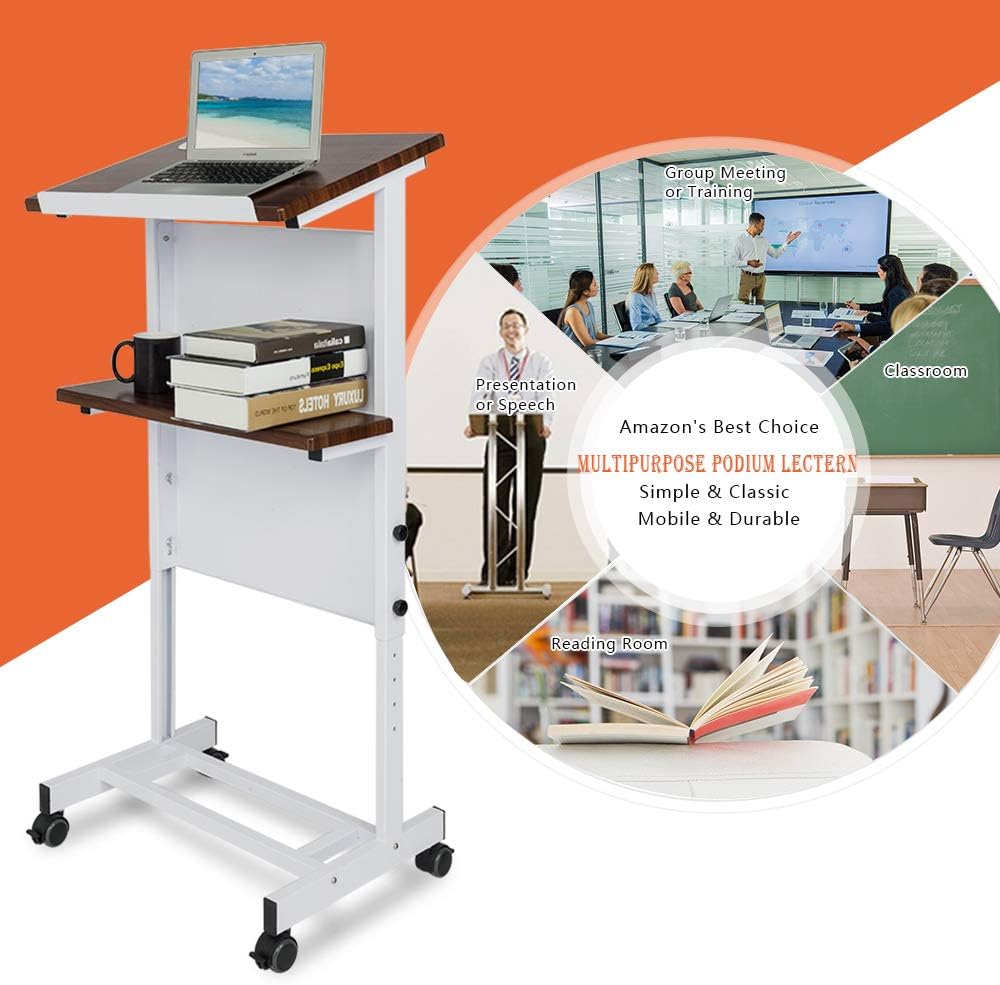 Bonnlo Mobile Stand Up Lectern Podium with Wheels, Portable Heavy Duty Desk, Height Adjustable Church Pulpit or Ceremony, Classroom Lecture Speech Teach Platform, Walnut Tabletop and White Steel Frame : Office Products