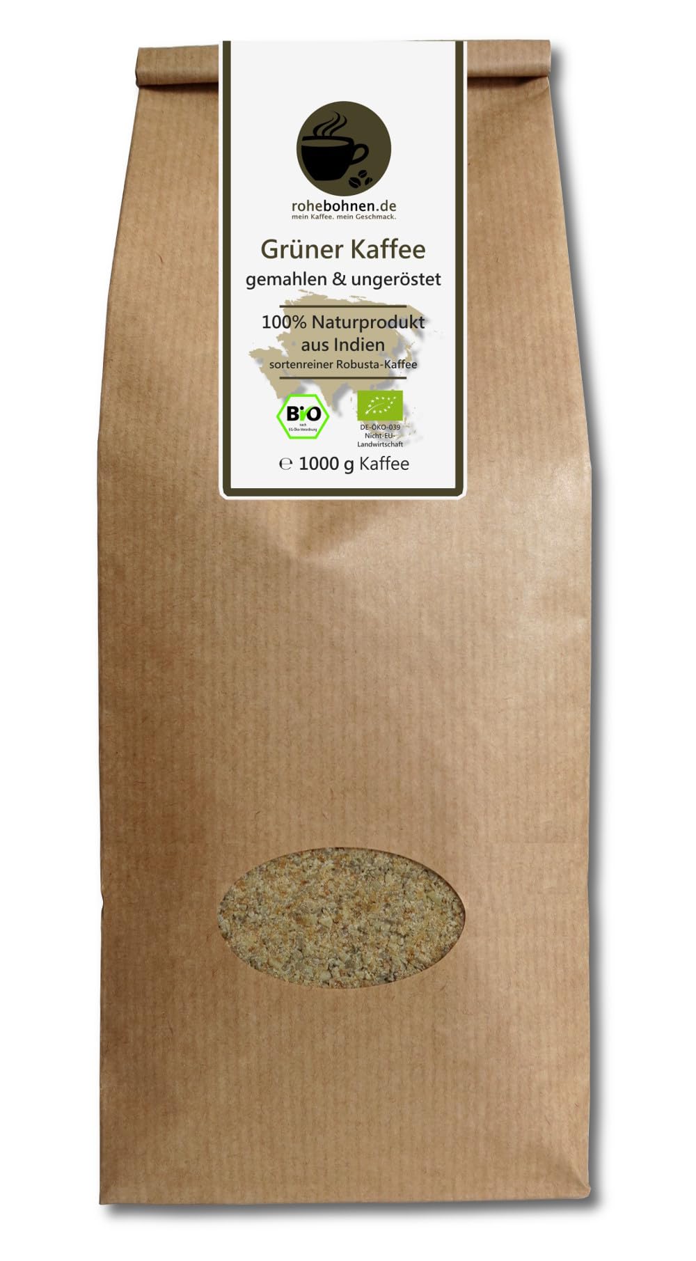 Polvere di caffè verde biologico - 100% Robusta India naturale (1000g macinato e non tostato) - Certificato GMP