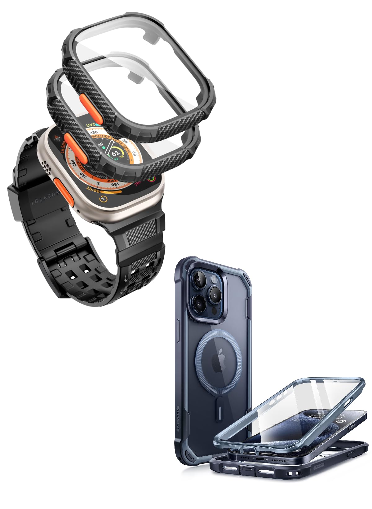 i-Blason Bundle of Apple Watch Ultra Band 49mm (Black) & iPhone 15 Pro Case (Navy)