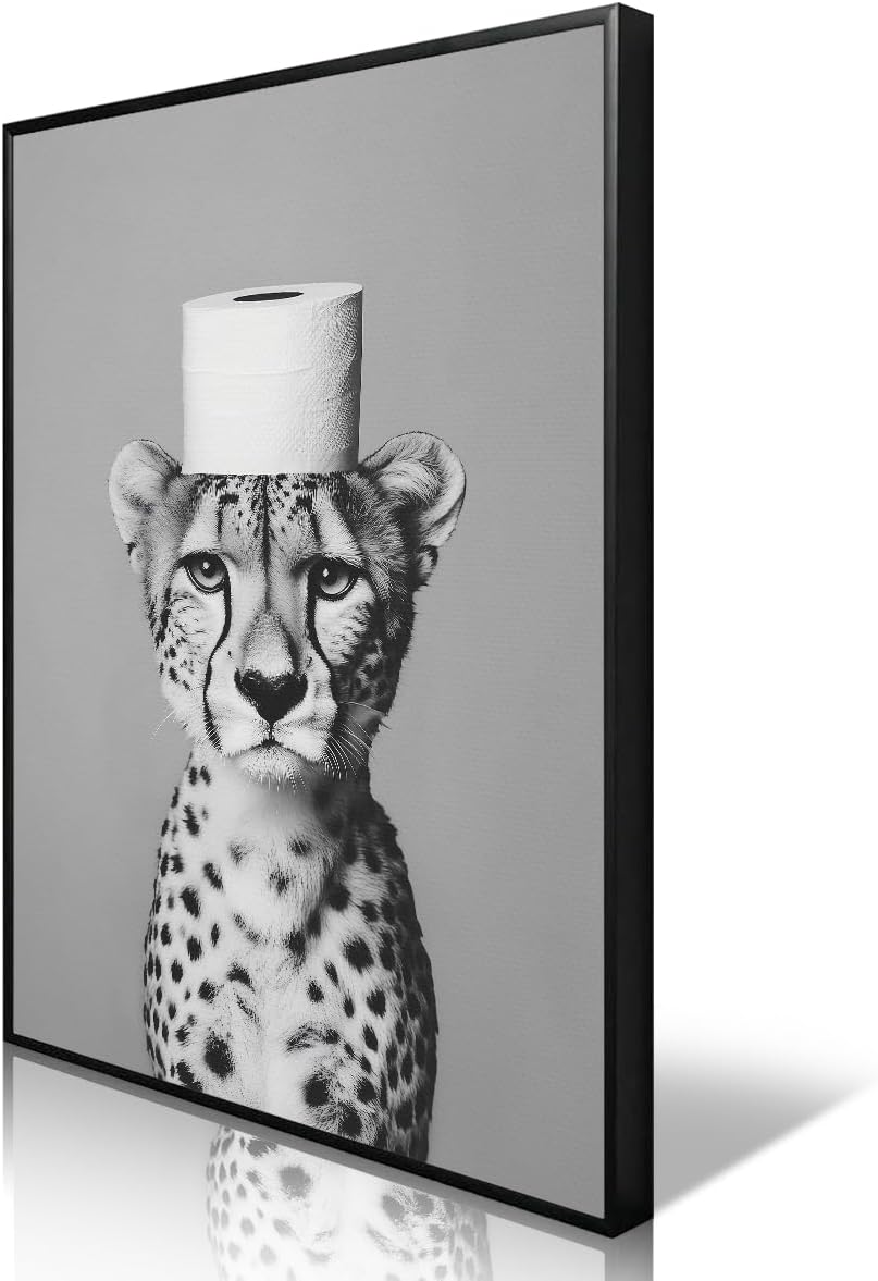 Funny Animal Bathroom Canvas Wall Art, Cheetah Overhead Toilet Paper Roll Poster, Black and White Restroom Wall Print, Funky Modern Guestroom Animal Painting Picture Wall Decor 8x12in Wrapped Canvas