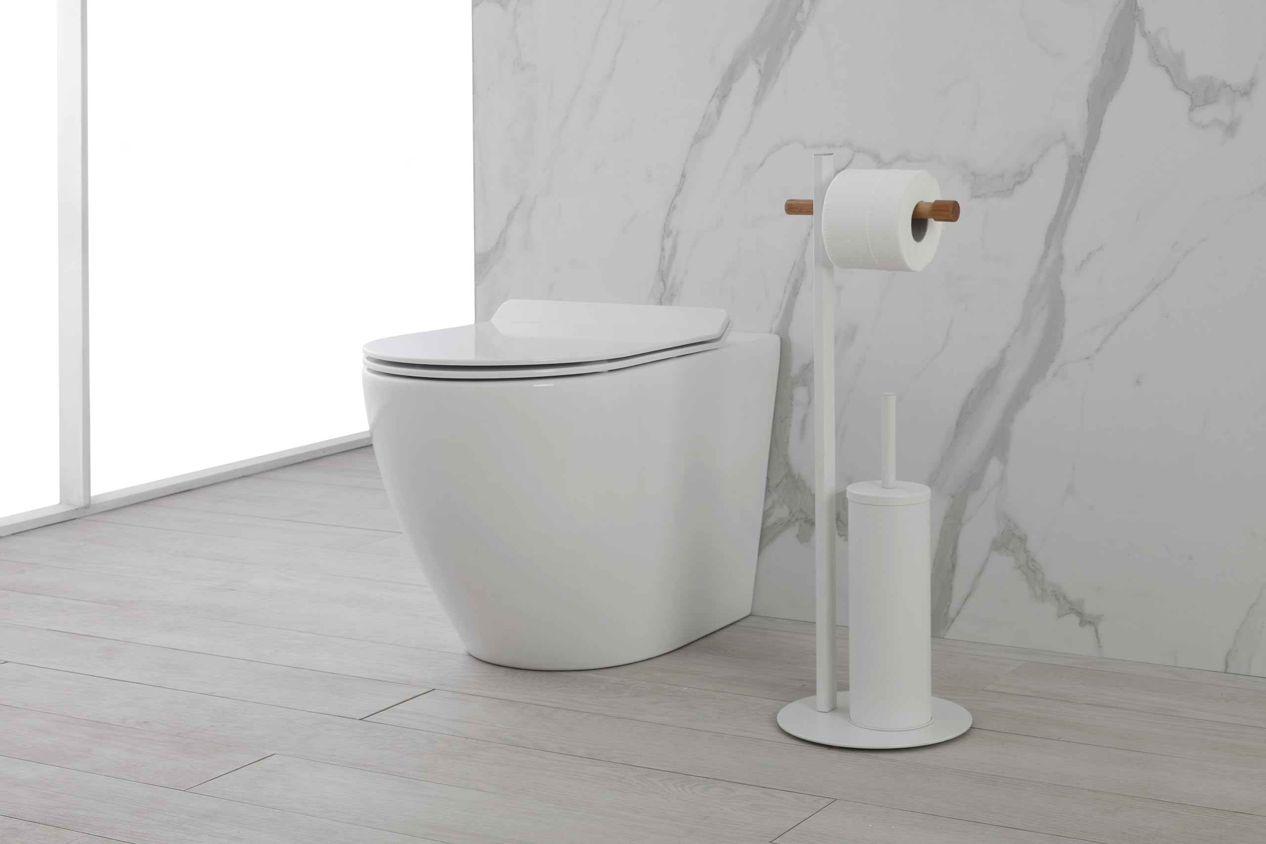 eacommerce Lampadaire porte-brosse de toilette + porte rouleau de salle de bain en acier couleur blanc mat bambou