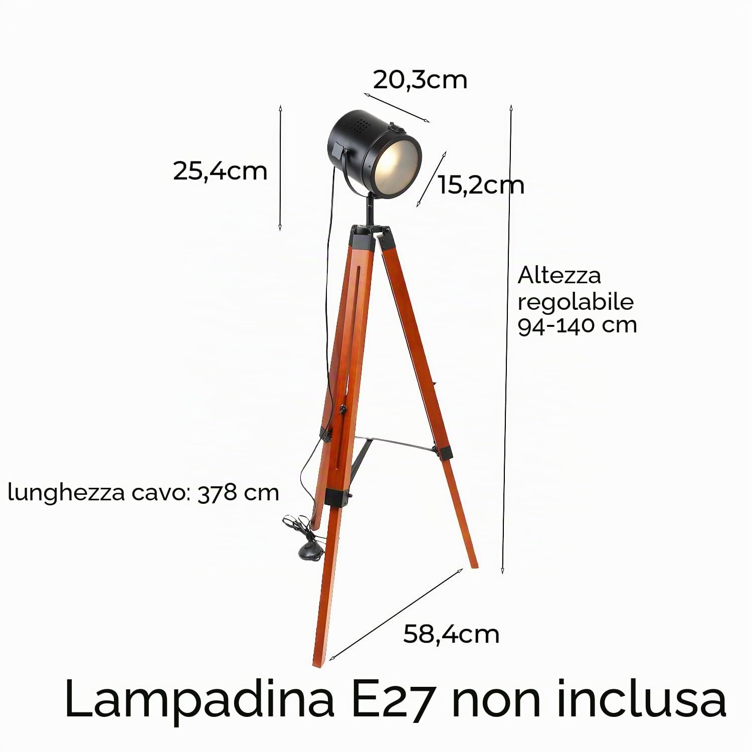 Alpinaluz lampada da terra con tripode in legno naturale, paralume nero opaco in vetro satinato, altezza regolabile, stile vintage retro cinema, attacco E27 per soggiorno