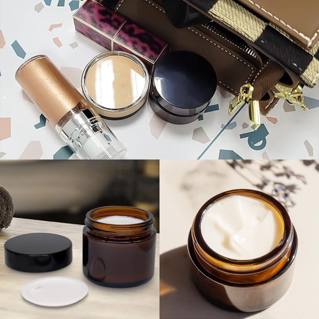 Aililong Confezione da 6 Barattoli per Crema, 50 ml, in Vetro Ambra e Trasparente, per Cosmetici, Lozioni, Unguenti, Oli Essenziali, Mini Candele