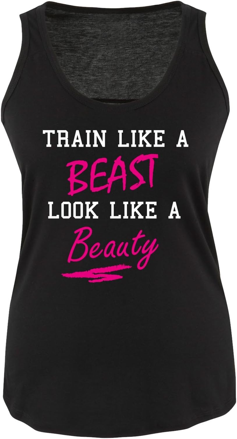 Comedy Shirts Women's Train Like A Beast Look Like A Beauty Tank Top S Black/White Pink