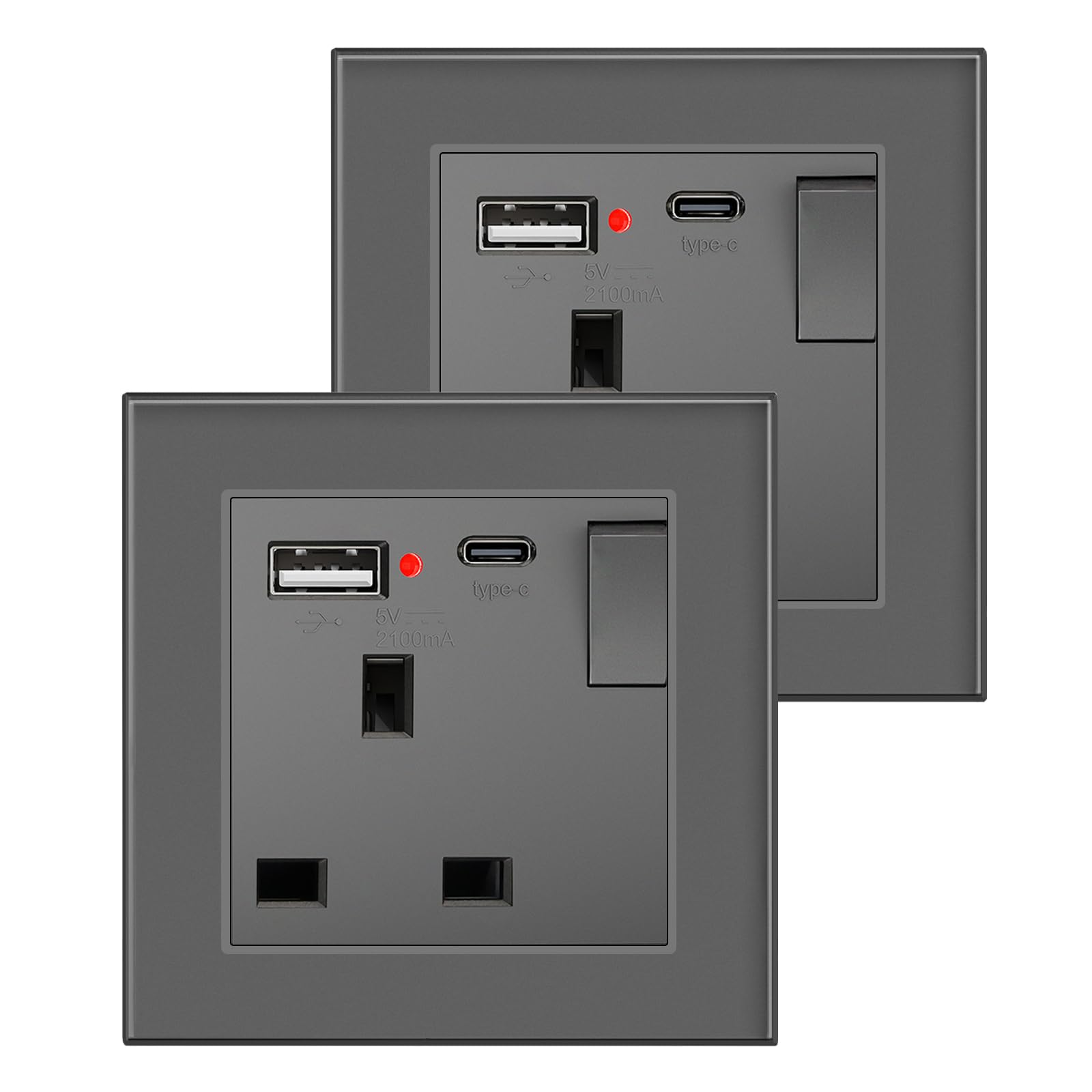 BSEED Single Switched Socket with USB C and USB A Charging Ports, UK Standard Electric Power Sockets with Glass Panel, 1 Gang Wall 13A Socket, Grey, 2 Pack